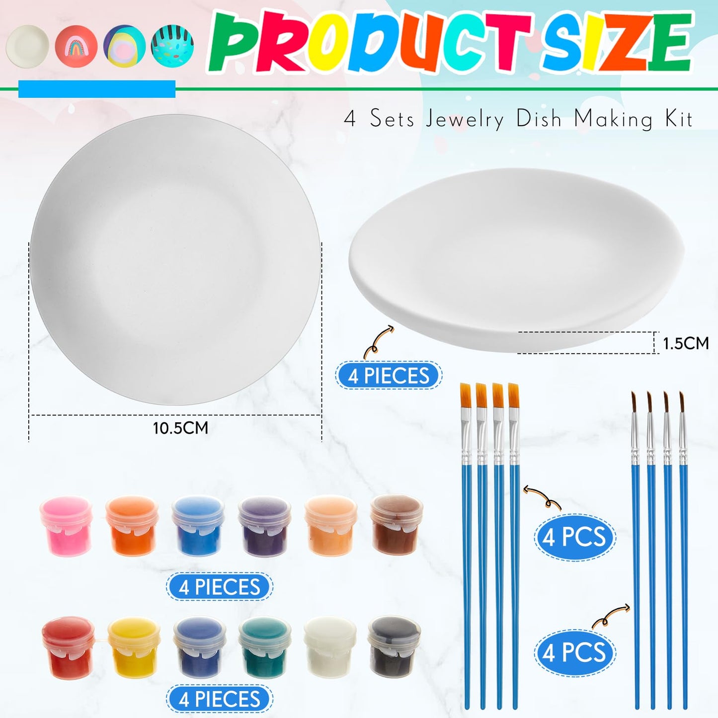 Kolldenn 4 Sets Jewelry Dish Making Kit DIY Paint Your Own Ceramic Arts and Crafts Kit Make Your Own Jewelry Bowls Gifts for Birthday Gift Ideas (Round Plate)