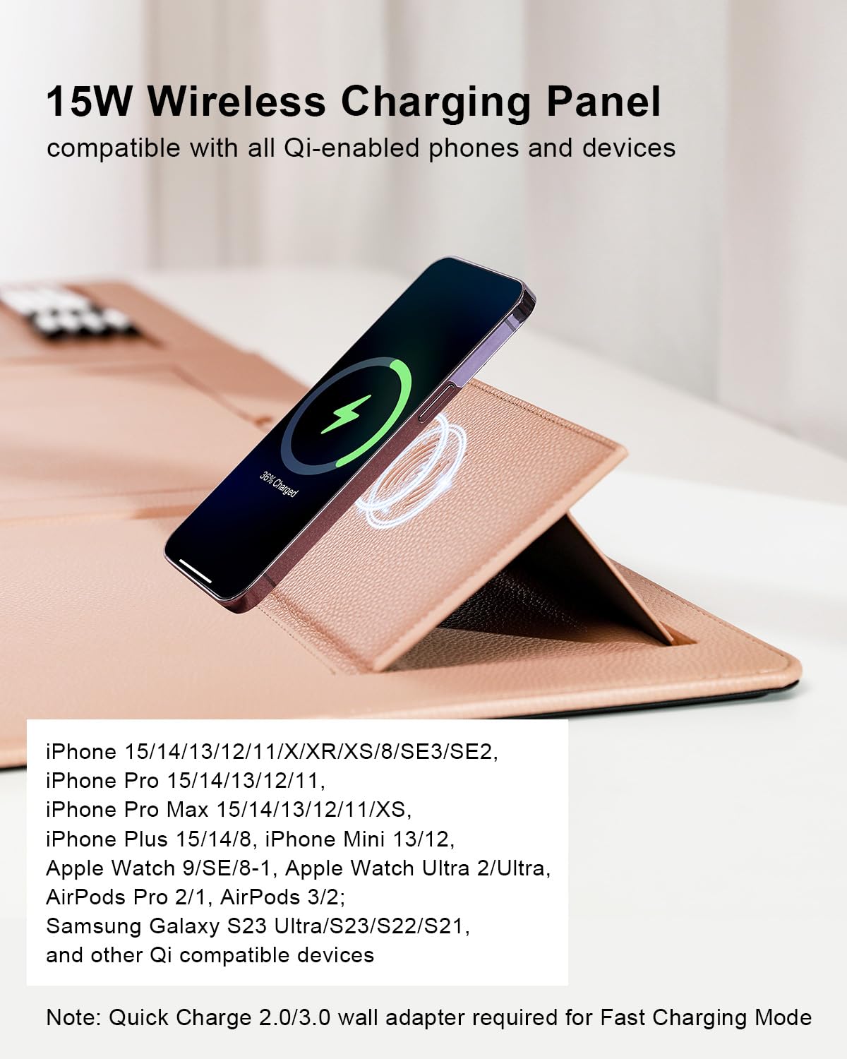 Banero 4-in-1 Laptop Stand for Desk Built-in Wireless Charging Pad, 15W, Qi-Certified, PU Leather Wireless Charging Mouse Pad, Laptop Holder on Top of Desks for Office