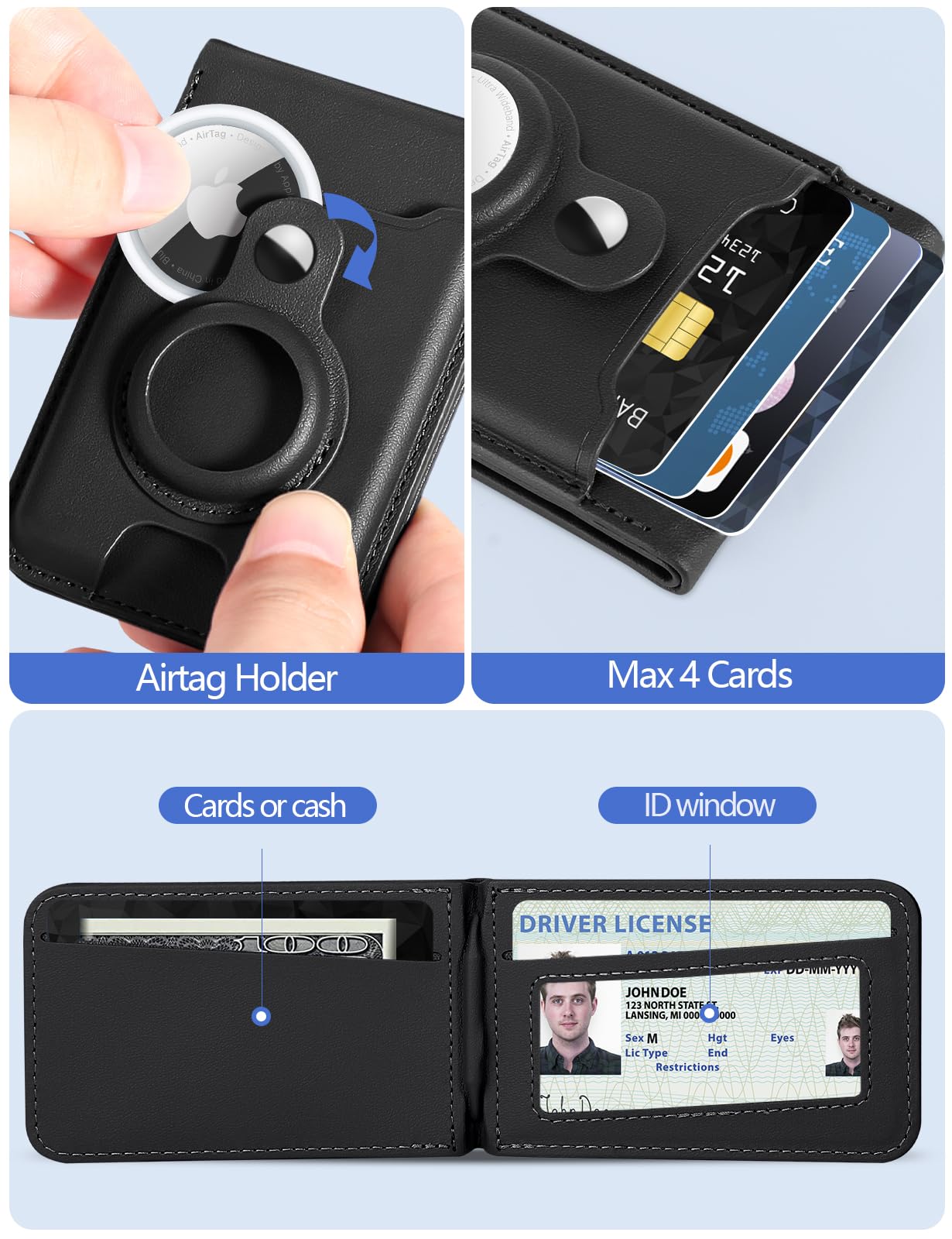 HiWe for Magsafe Wallet Stand with Airtag Holder, Strongest Magnetic Wallet for iPhone 16/15/14/13/12 Series, Vegan Leather, 3 Slots, 6 Cards Holder, RFID Blocking, Black