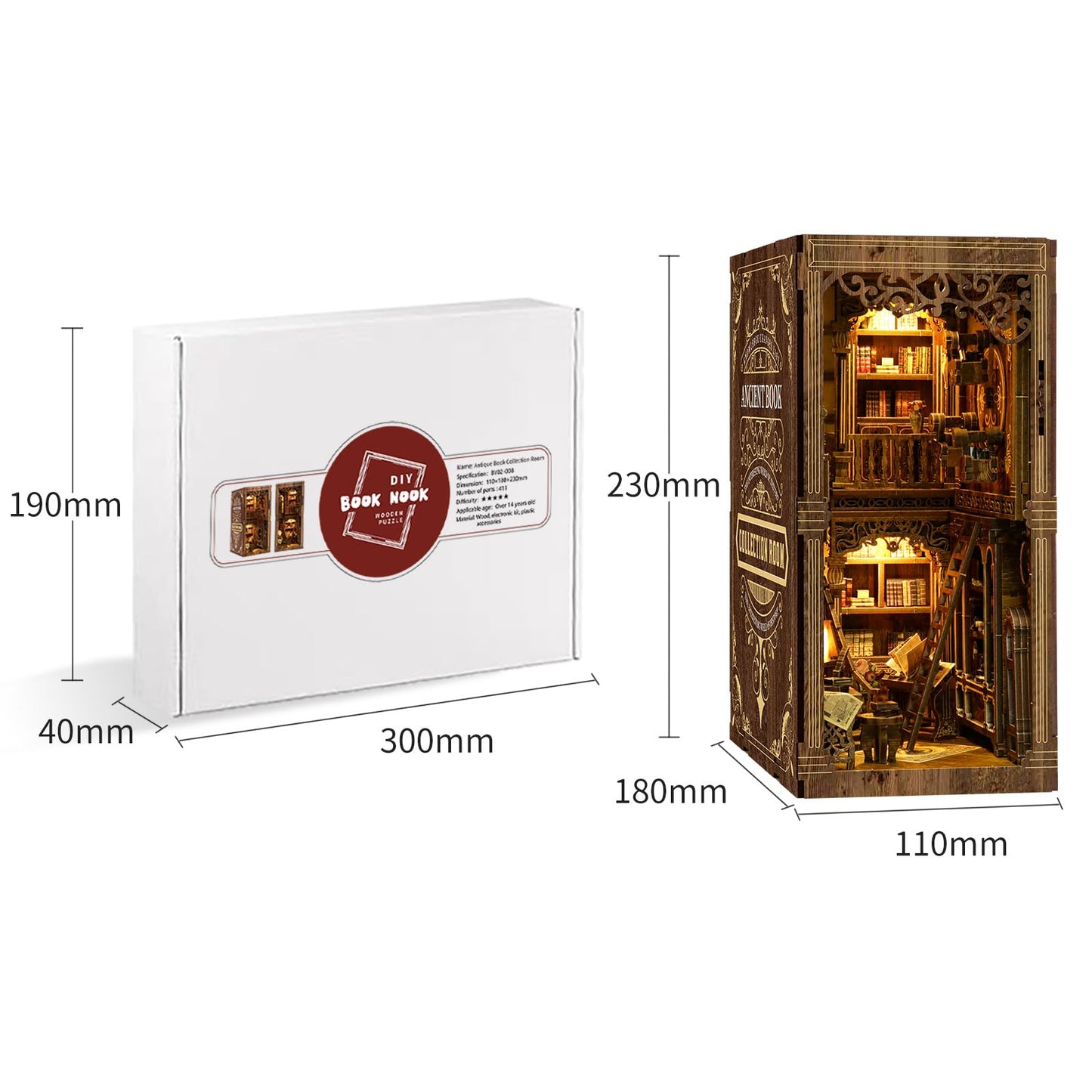 Book Nook Kit - DIY Miniature Dolls House Kit with Furniture and LED Light, 3D Puzzle Wooden Art Bookends, Model Kits for for Adults and Teens (Ancient Books)