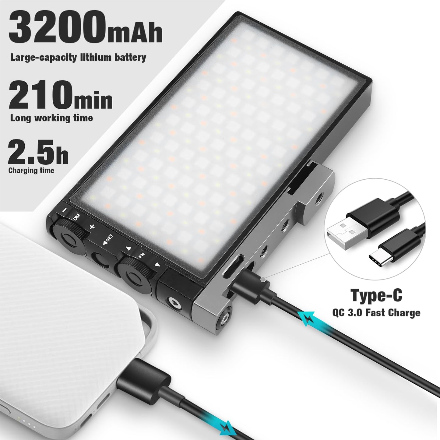 Pixel G1s RGB Video Light with APP Control, Built-in 12W Rechargeable Battery LED Camera Light, 10 Common Lighting Effects, CRI≥97 2500-8500K RGB Video Light with Aluminum Alloy Body