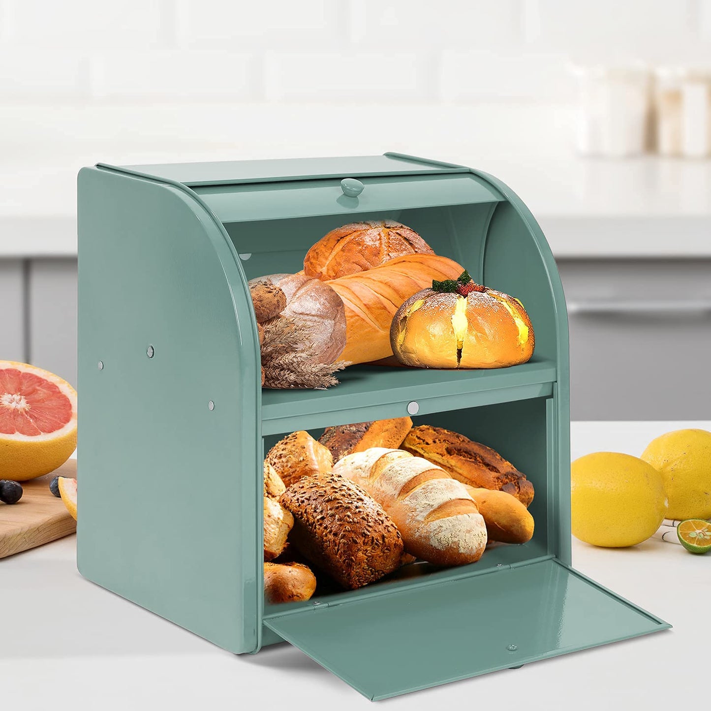 Pitmoly Stainless Steel Bread Box, 2 Layer Roll Top Bread Boxes, Large Capacity Food Storage Container for Kitchen Counter, Metal Bread Bin, Bread Holder for Countertop 11.8" x 9.6" x 12.8" (Green)