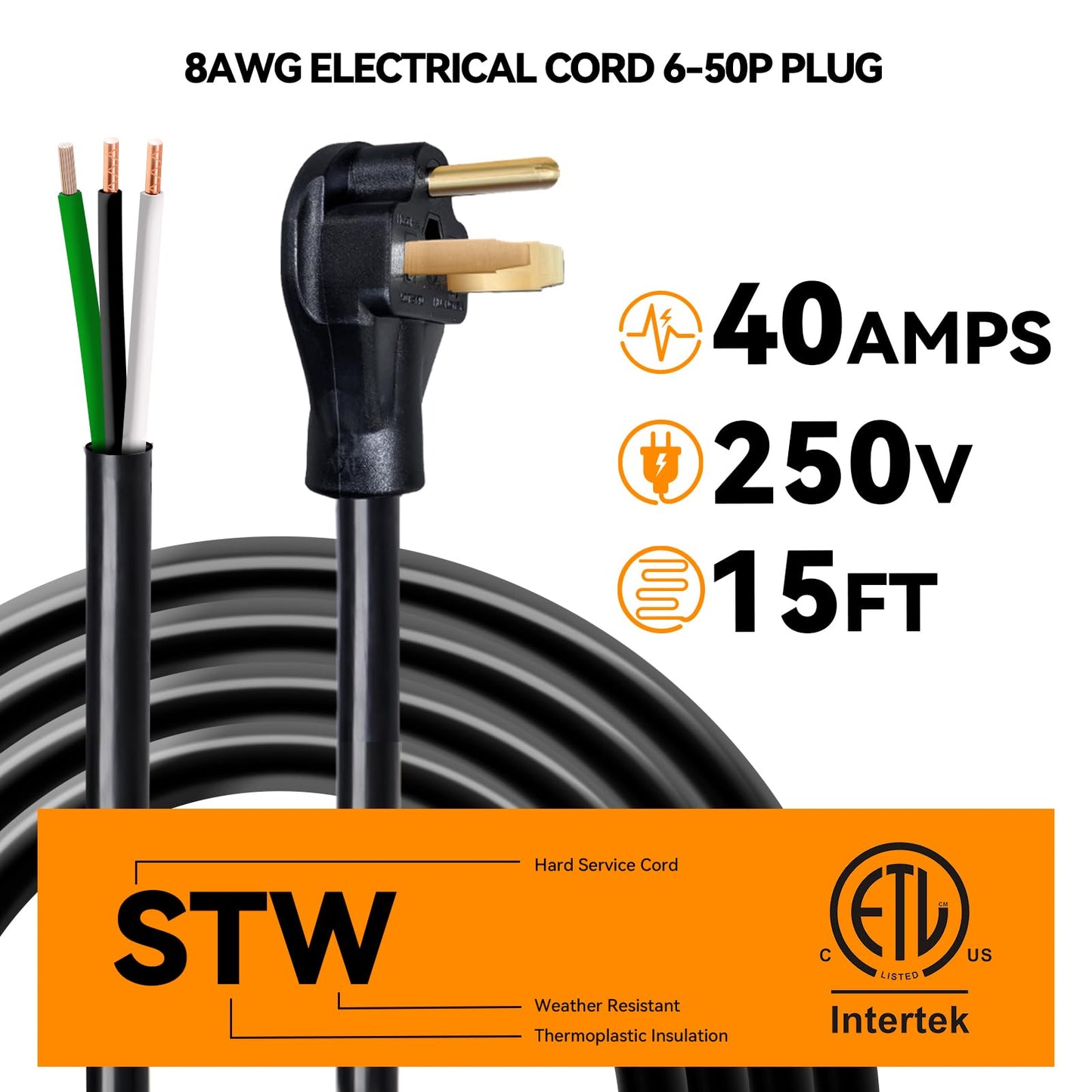 15FT 8 AWG 3 Prong Replacement Power Cord with N6-50P Plug, Heavy Duty 40AMP 250V Extension Cable with Pigtail Open Wiring End - Suitable for TEMPWARE 7500W Electric Garage Heater