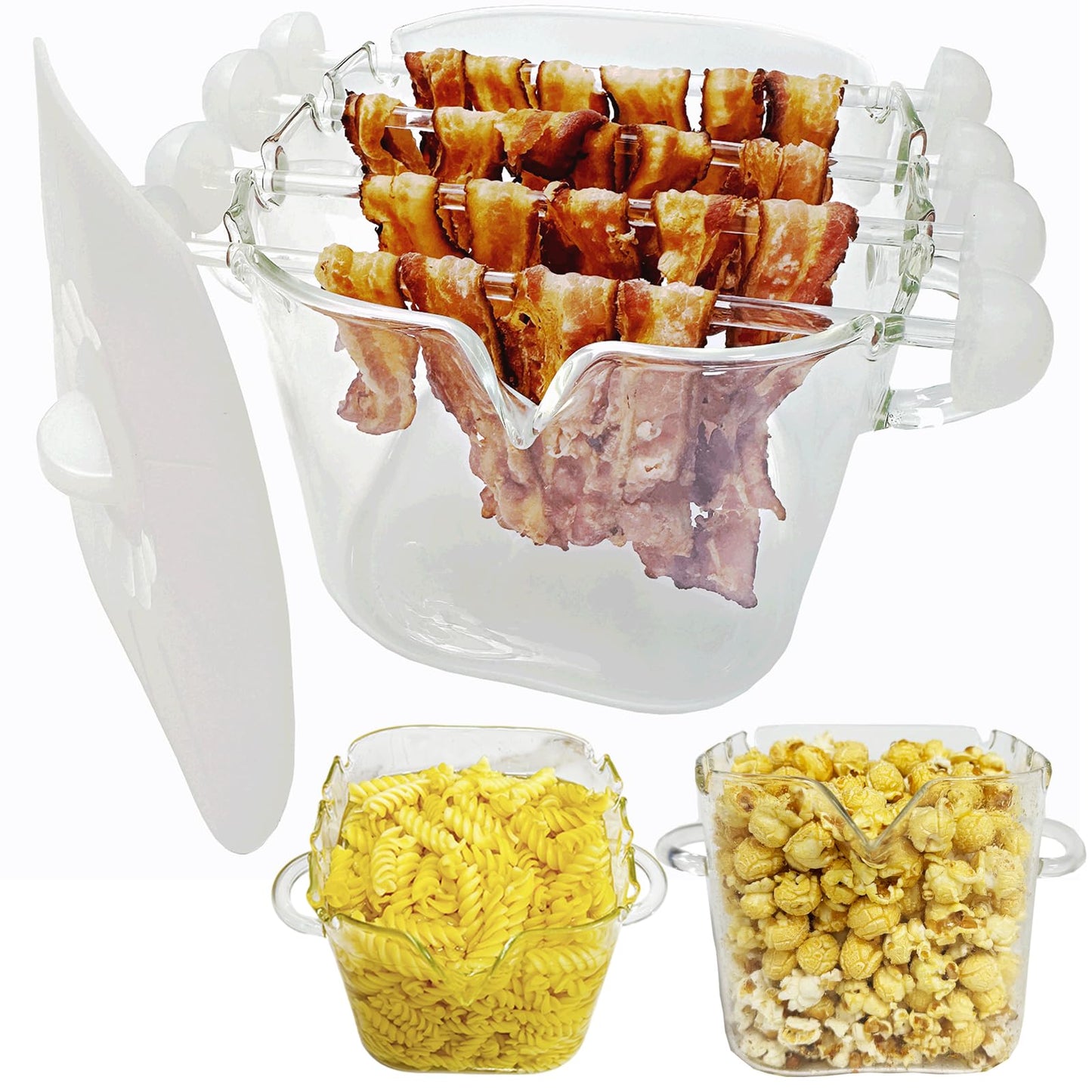 Glass Microwave Bacon Cooker, Silicone Lid, 4 Glass Skewers, 100oz