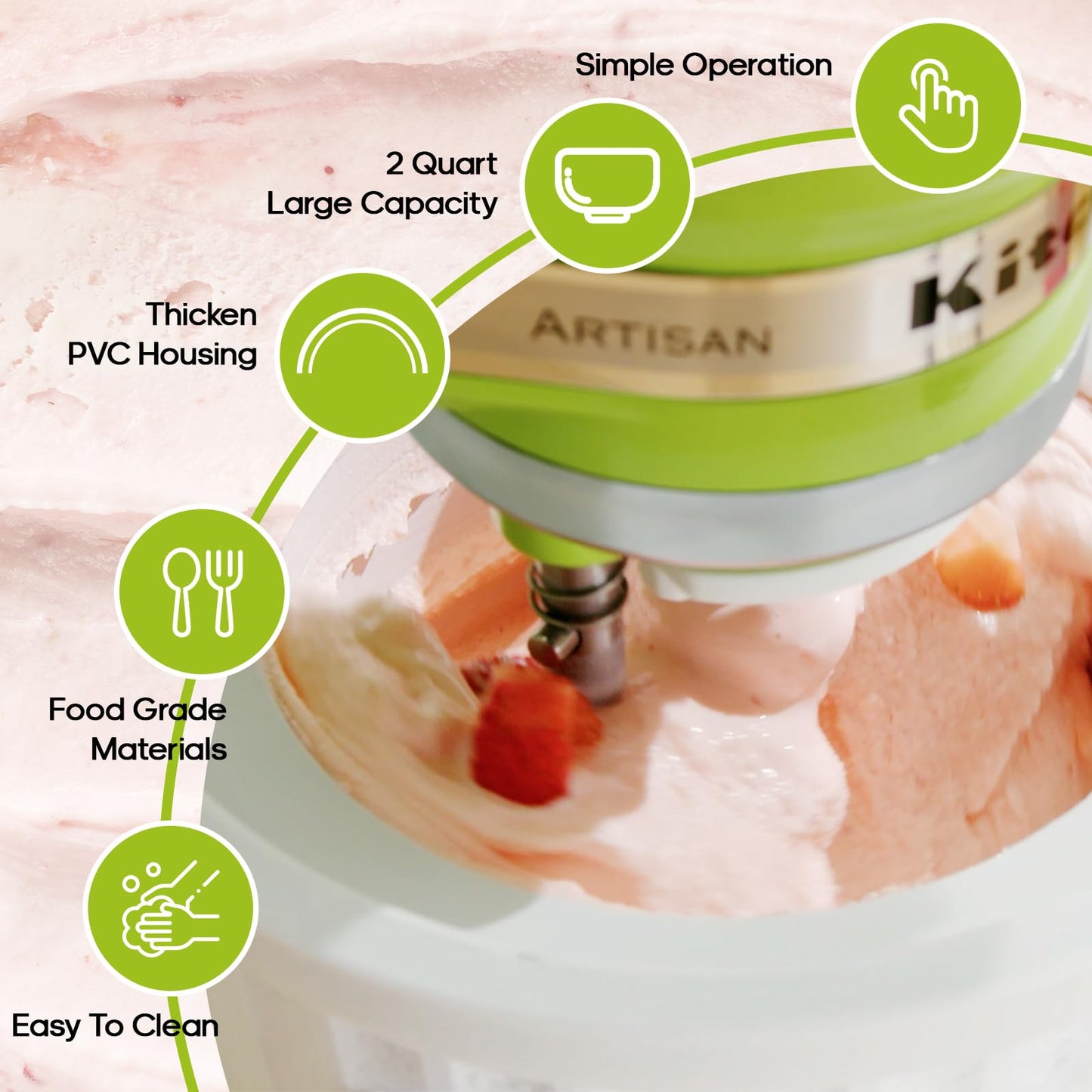Ice Cream Maker Attachment for KitchenAid Stand Mixer, Compatible with 4.5/5Qt & Larger KitchenAid Stand Mixer, 2 Quart Frozen Ice Cream Bowl, Yogurt & Sorbet Gelato, White