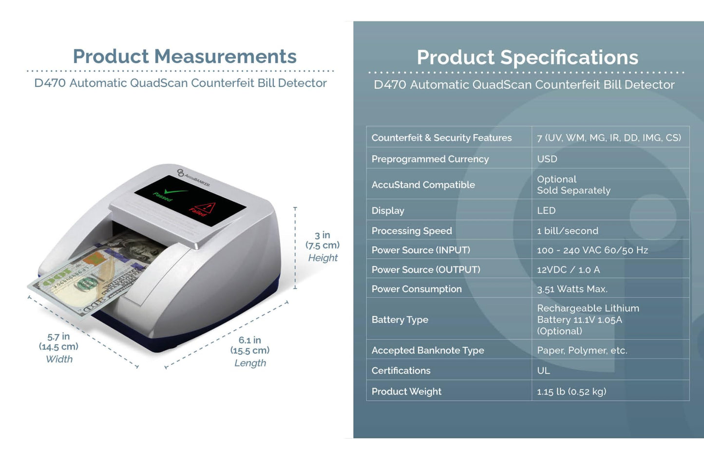AccuBANKER D470 Quadscan 4-Way Orientation Counterfeit Bill Detector with UV, MG, IR, WM, Image, Length, Spectrum 7-Point Counterfeit Detection Methods - Optional Battery for Portable Use (No Battery)