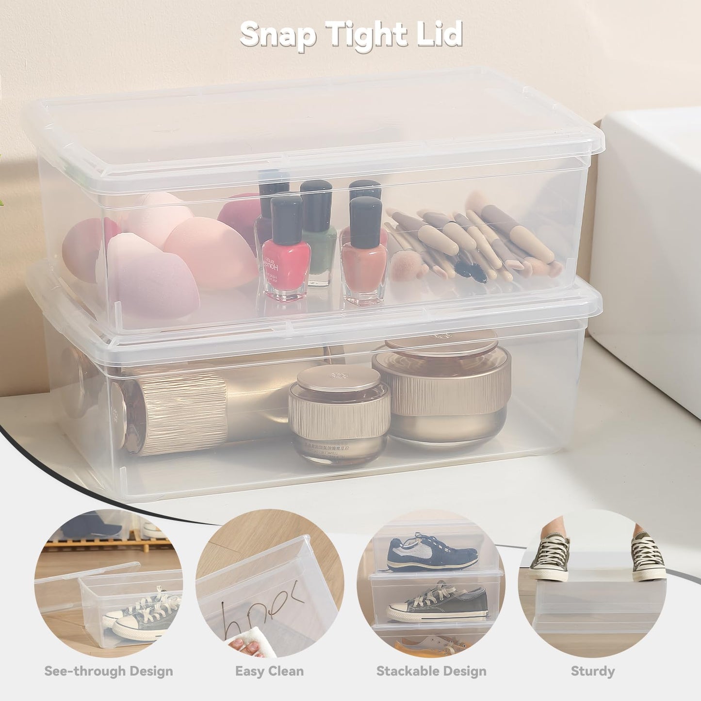 novelinks 12 Pack 6QT Plastic Storage Bins with Lids, Stackable Shoe Storage Boxes Organizer Bins, Craft Organizers and Storage for Shoes Organization (Clear)