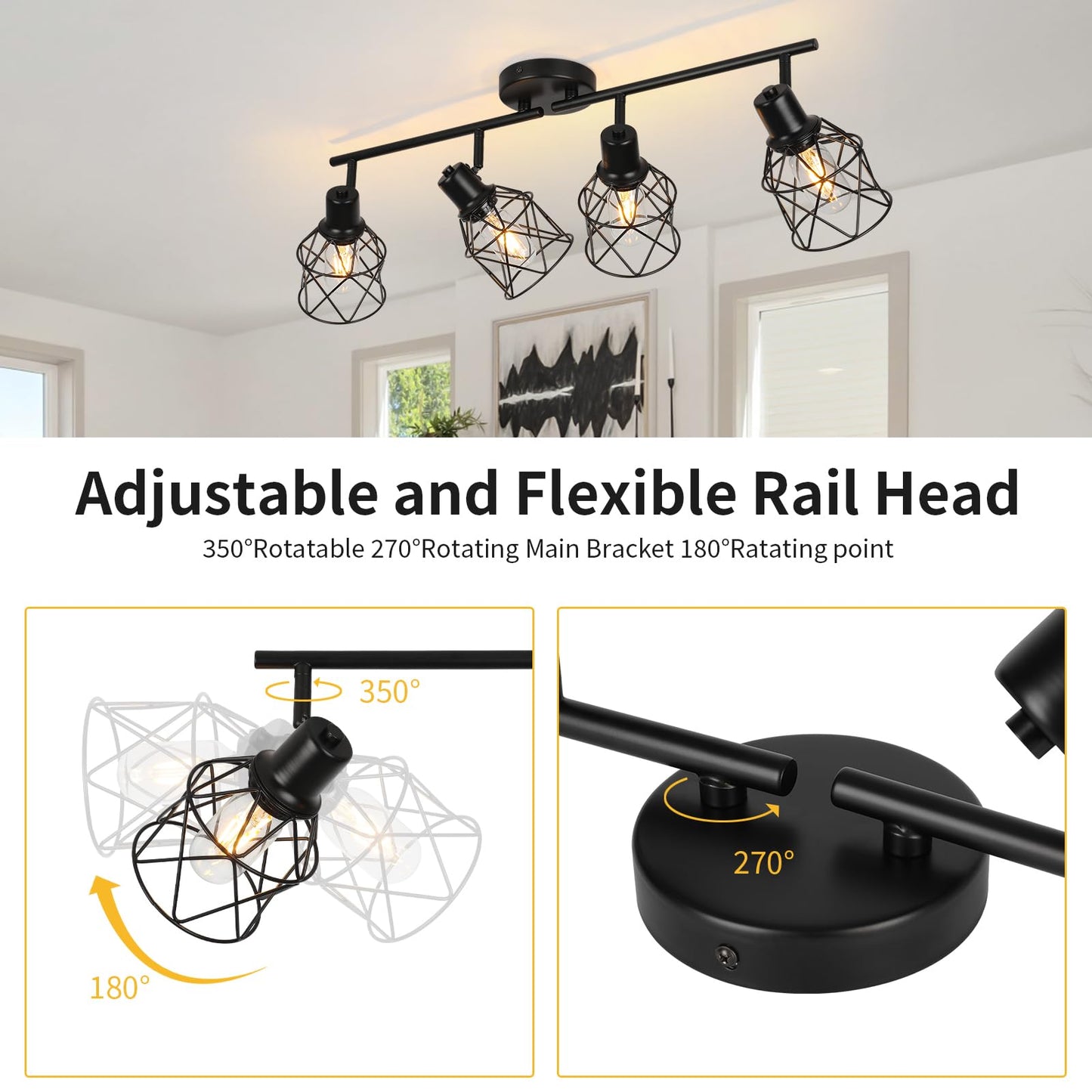 WILON Track Lighting Fixtures Ceiling 4-Light Flush Mount Ceiling Spot Lights, Industrial Track Light Black Kitchen Light Fixtures Rotatable Spotlight for Kitchen Hallway Living Room (E26 Base)