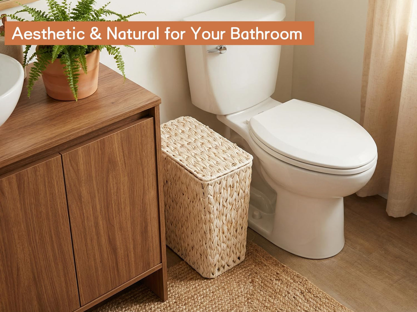 Coeusy Wicker Trash Can with Lid and Liner,Boho Decotative Small Bathroom Trash Cans,Waterproof Slim Waste Basket for Bedroom,Home Office,3 Gallon Cream White