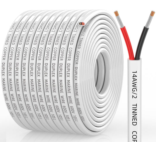 CONEPY 14 Gauge Marine Wire, 14/2 Duplex Marine Grade Cable, IP68 Waterproof/Oxygen-Free Tinned Copper Stranded PVC 14 AWG Wire for Boat, Automotive, RV, Solar, LED Strips (100FT/30M)