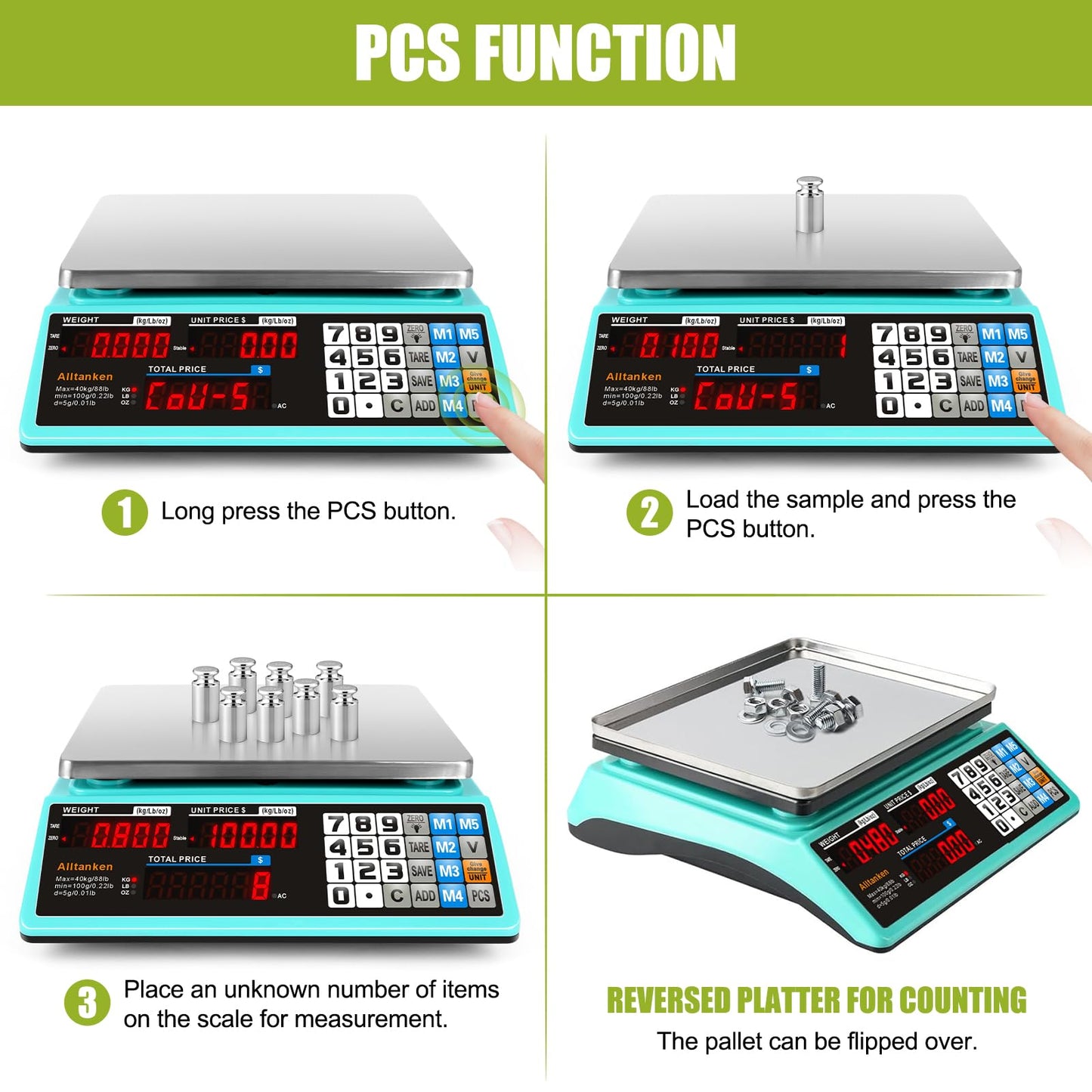 88lb Commercial Food Scale Lb/Kg/Oz Conversion, Price Computing Scale with Dual Display, Rechargeable, Waterproof Reversible Platter, Counting for Farmers Market, Meat Shop, Retail Store, Home Kitchen