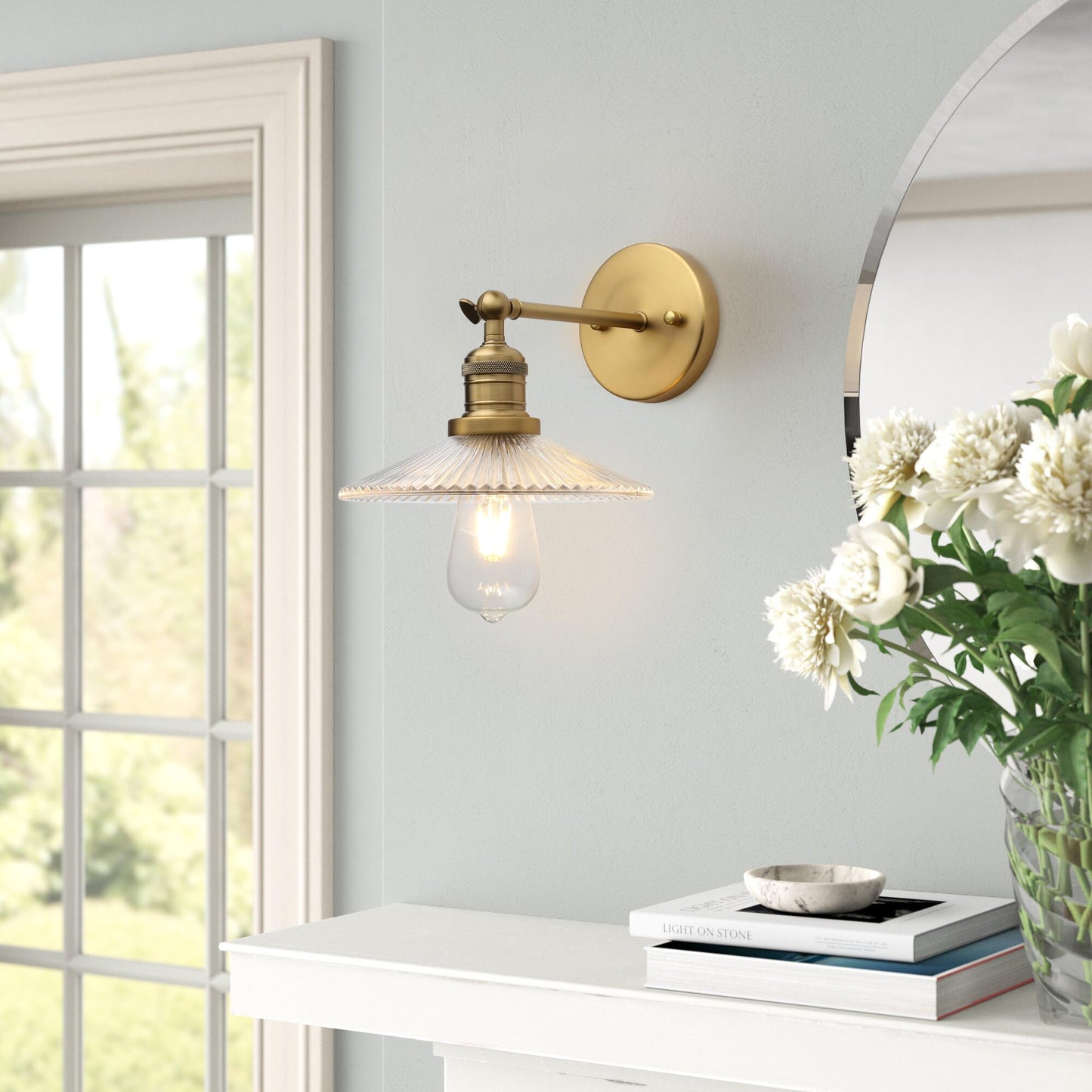 JIMUBEAM Industrial Vintage Wall Sconce 1-Light with Funnel Ribbed Clear Glass Shade, Indoor Wall Mounted Lamp Fixture for Living Room Bedroom Bathroom Over Kitchen Sink