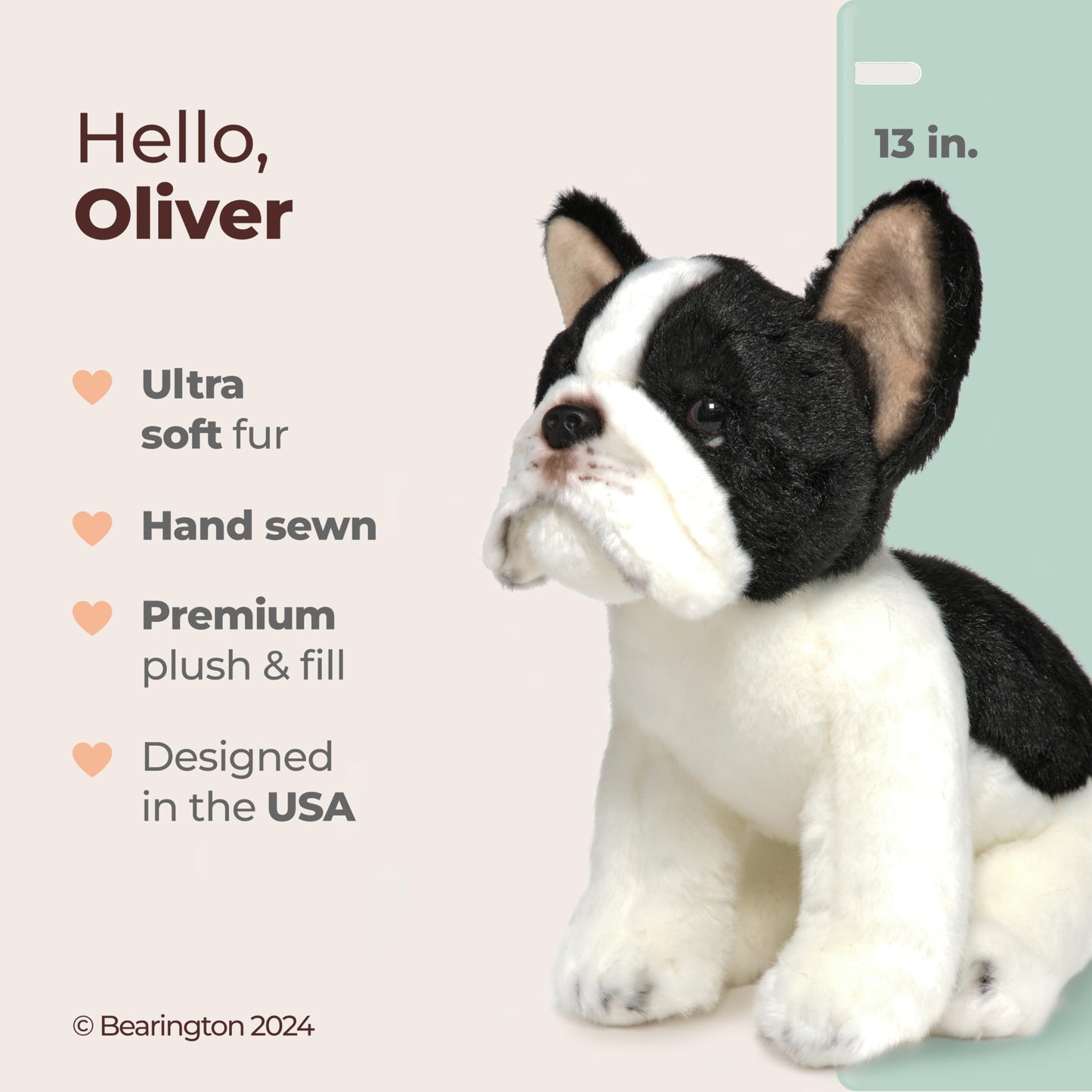 Bearington Collection Oliver The French Bulldog Plush, 13 Inch French Bulldog Stuffed Animal