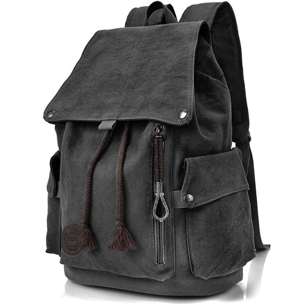 FH Canvas Backpack Vintage Backpack Black Daypack for Men Women Laptop Travel Rucksack