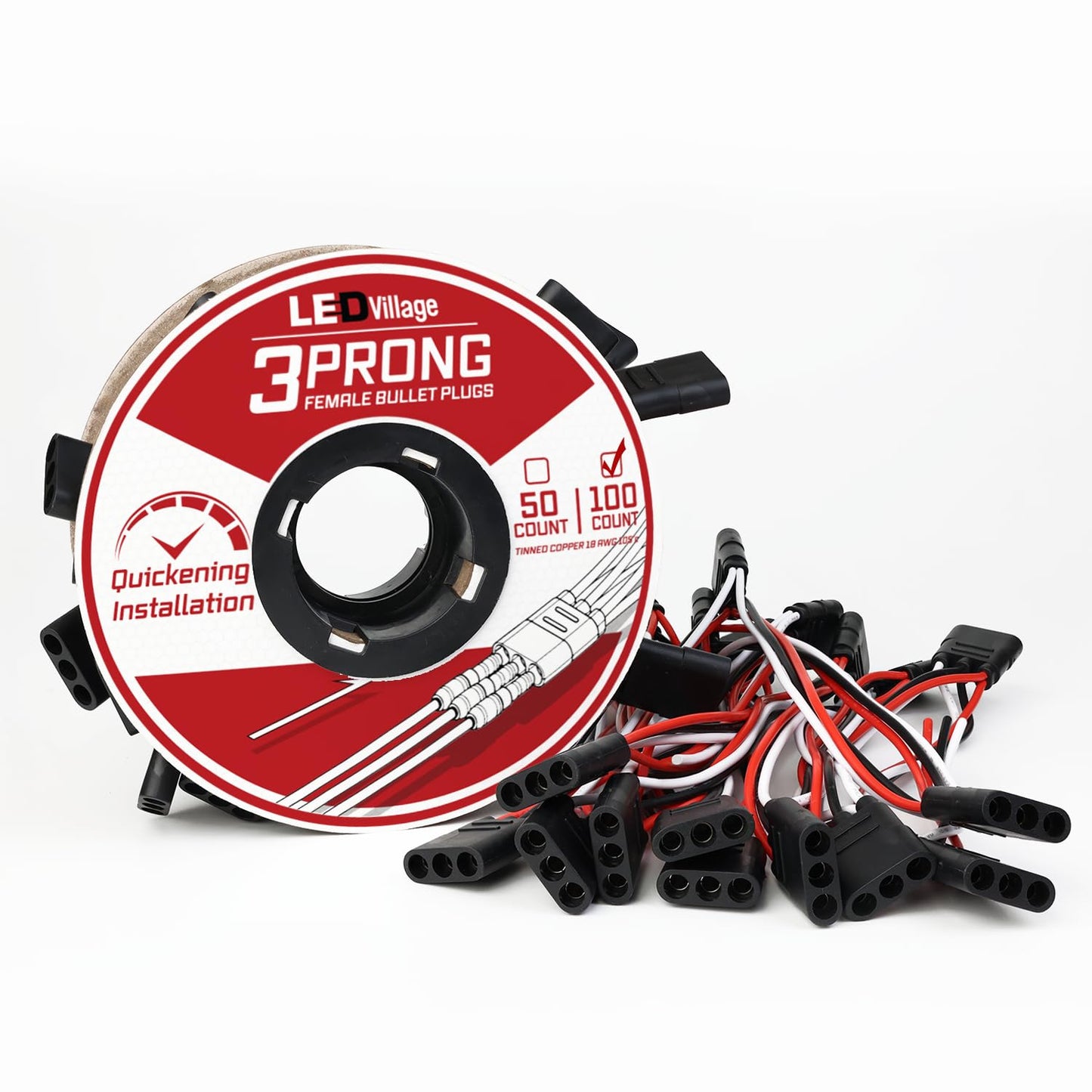 Ledvillage 100 Counts of 3 Prong Female Bullet Plug Wiring Harness Continuous Wire Harness Roll (6.5" Lead Spacing Between Plugs) 3 Prong Socket Plug