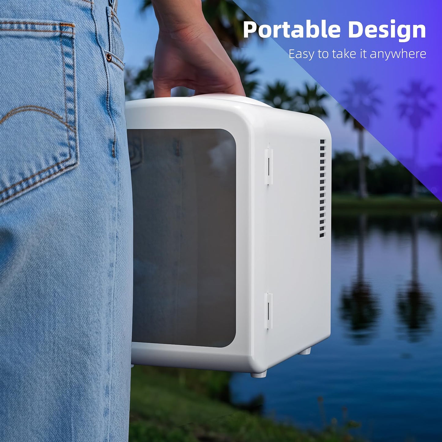 Antarctic Star Mini Compact Refrigerator with Gaming Light, 4L Capacity/6 Cans Portable Mini Fridge, for Bedroom,Car,Office and Dorm, Small Cooler for Cosmetics, Beverage and Food, White