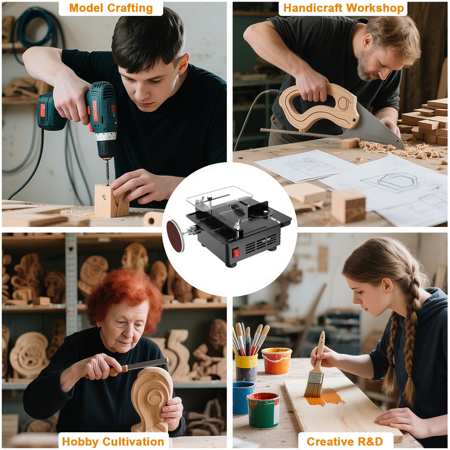 Mini Table Saw, M-T Multi-Functional Desktop Portable Table Saw for Crafts with Adjustable Speed & Angle, All-in-One Cutting, Sanding, Engraving & Drilling Tool for Wood, Acrylic, Plastic, PCB