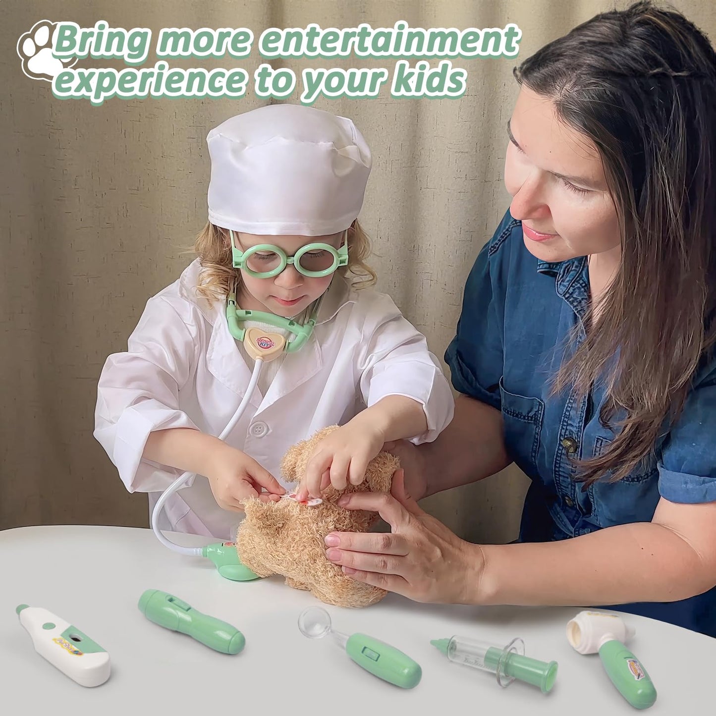 Liberry Doctor Kit for Toddlers 3 4 5 6 Years Old, 26 Pcs Kids Doctor Playset with Dog Toy, Stethoscope and Dress Up Costume, Pretend Play Medical Gift for Girls (Green)