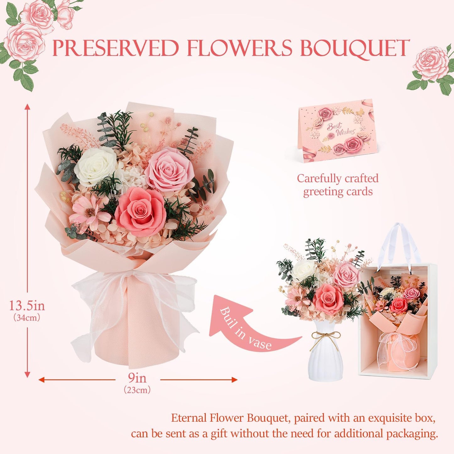 Flowers for Delivery Prime Preserved Flowers Bouquet with Vase That Last 3-5 Years Real Forever Flowers Pink Rose Bouquet for Mom Mother Women Wife Friends Birthday Mothers Day Gifts