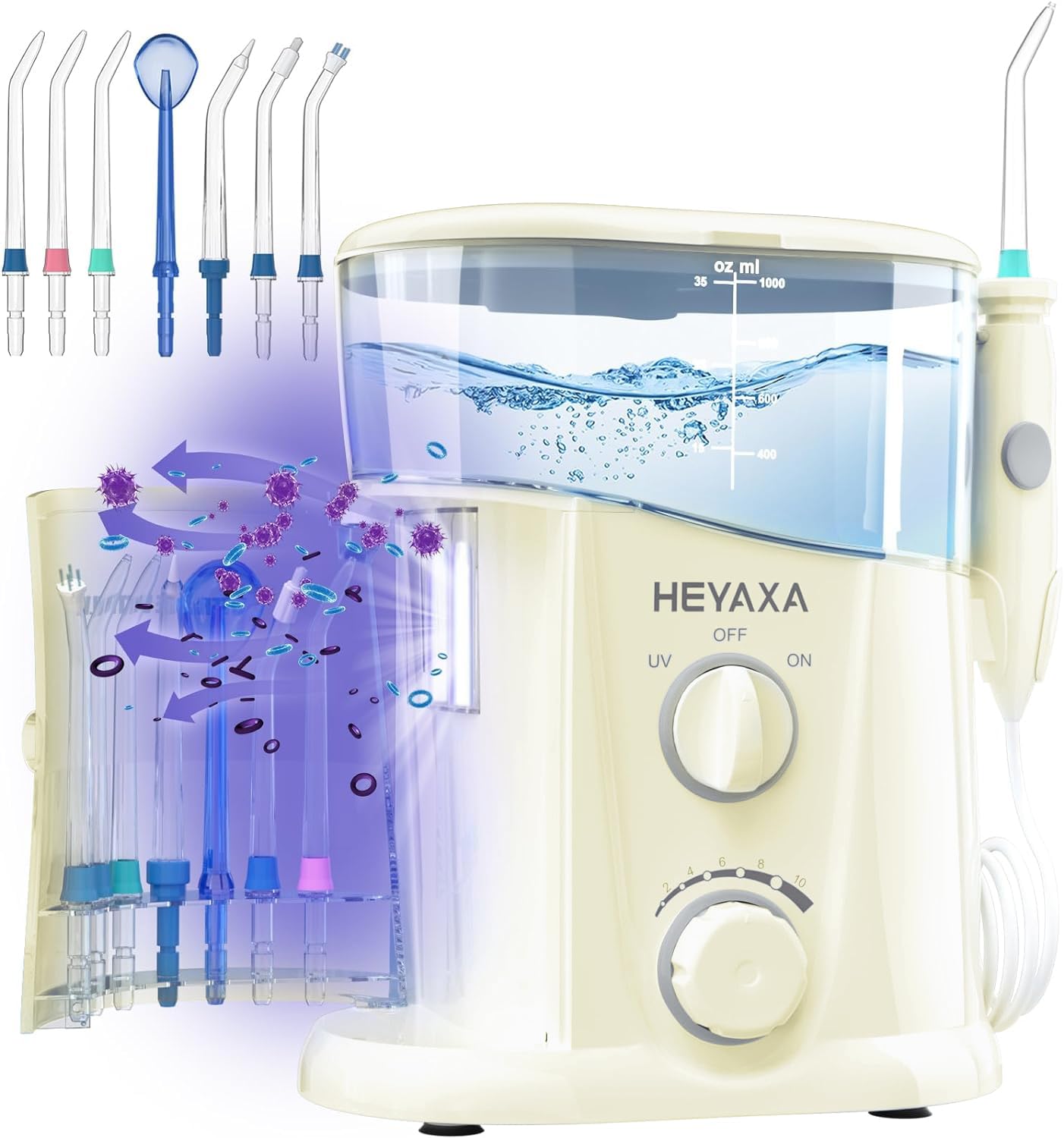 HEYAXA Water Dental Flosser for Teeth Cleaning with 1000ML Large Capacity and UV Storage, 10 Adjustable Pressure Electric Oral Irrigator with 7 Jet Tips for Home Use, Gums, Braces (Ivory White)