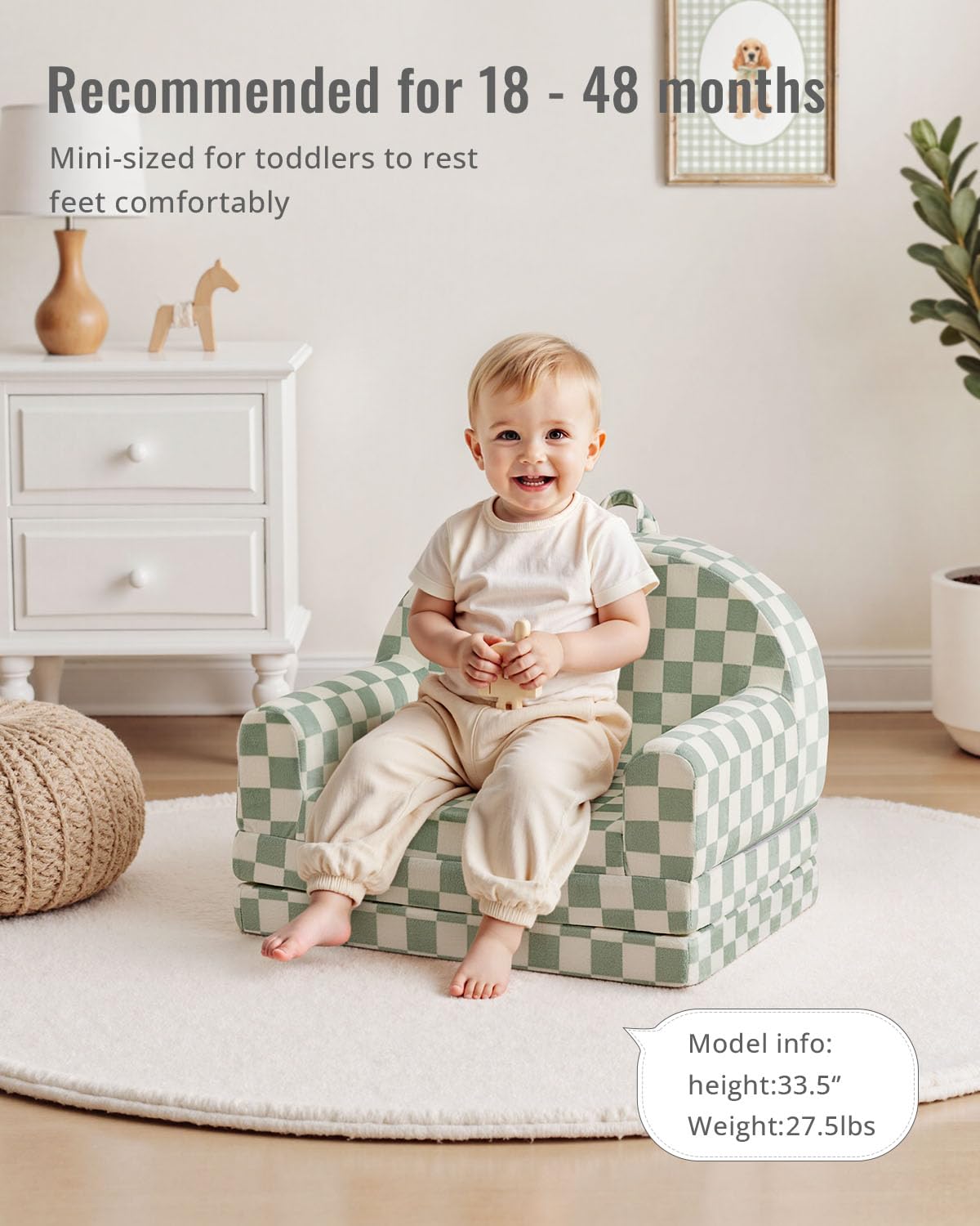 Blissful Diary Foldable Toddler Couch, 2-in-1 Toddler Chair & Sofa for Sitting and Play, Kids Couch for Playroom, Bedroom, Gift for Girls Boys, Sage Checkered