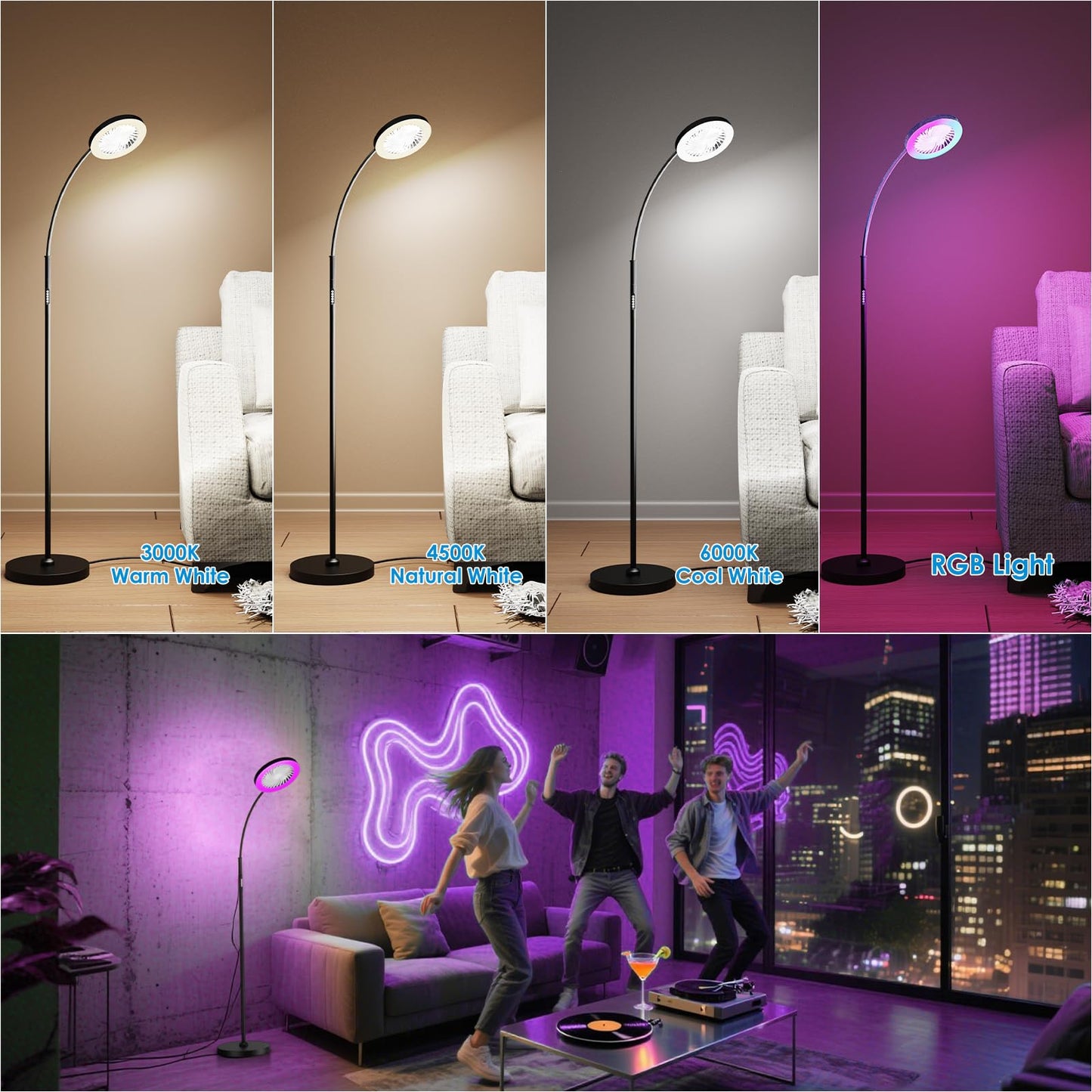 IDOGLOME Floor Fan with RGB Lights Lamp 18w 1200Lm LED Light Fixture with Standing Fan and Remote（Black）