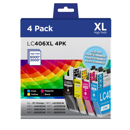 LC406XL Ink Cartridges Compatible for Brother LC406XL LC406 High Yield Work with Brother MFC-J4535DW MFC-J4335DW MFC-J5855DW MFC-J6555DW MFC-J6955DW Printer(Black, Cyan, Magenta, Yellow, 4Pack)