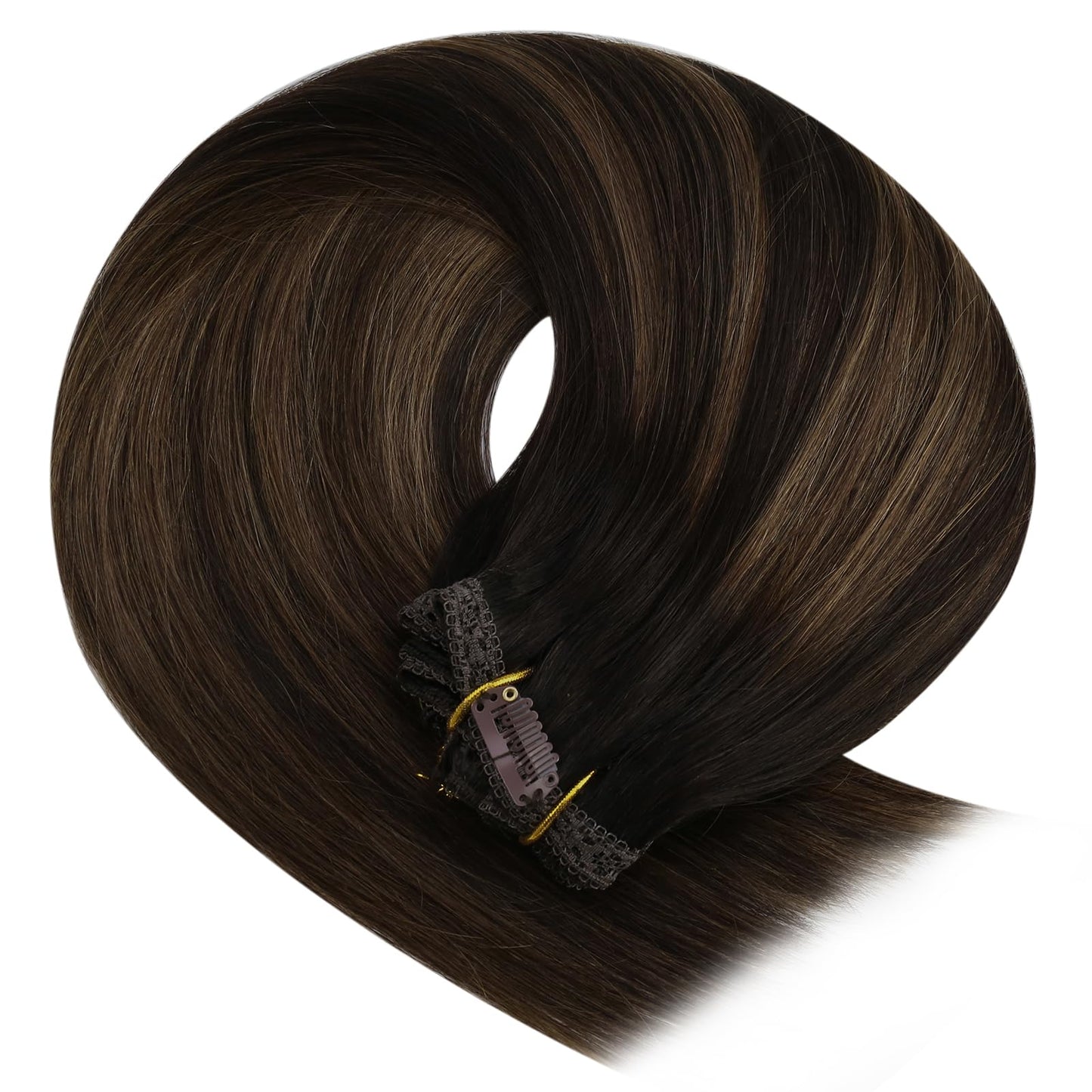 YoungSee Clip in Hair Extensions Human Hair Blayage Clip in Hair Extensions Real Human Hair Dark Brown Mix Medium Brown Highlights Brown Balayage Straight Hair Extensions Clip ins 18In 120G 7Pcs