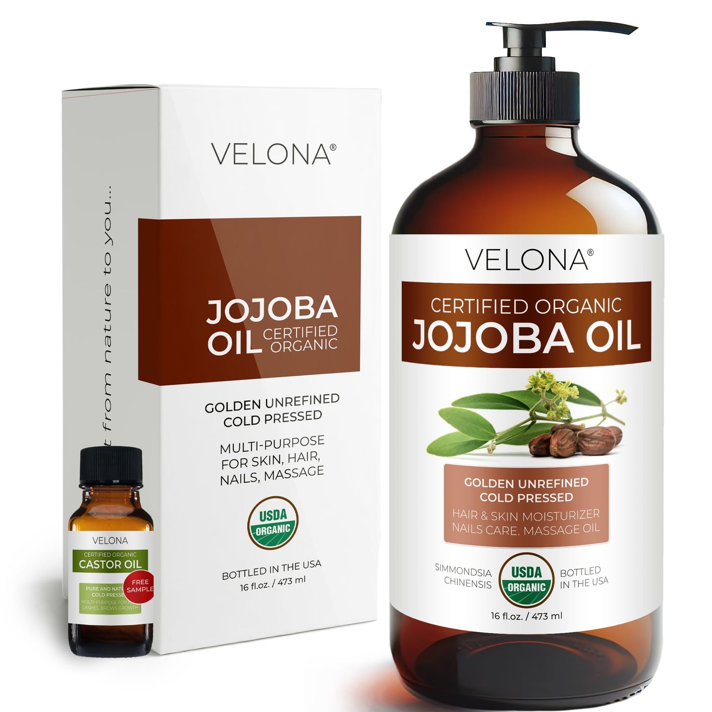 velona USDA Certified Organic Jojoba Oil - 16 oz in Glass Bottle | 100% Pure and Natural | Golden, Unrefined, Cold Pressed, Hexane Free