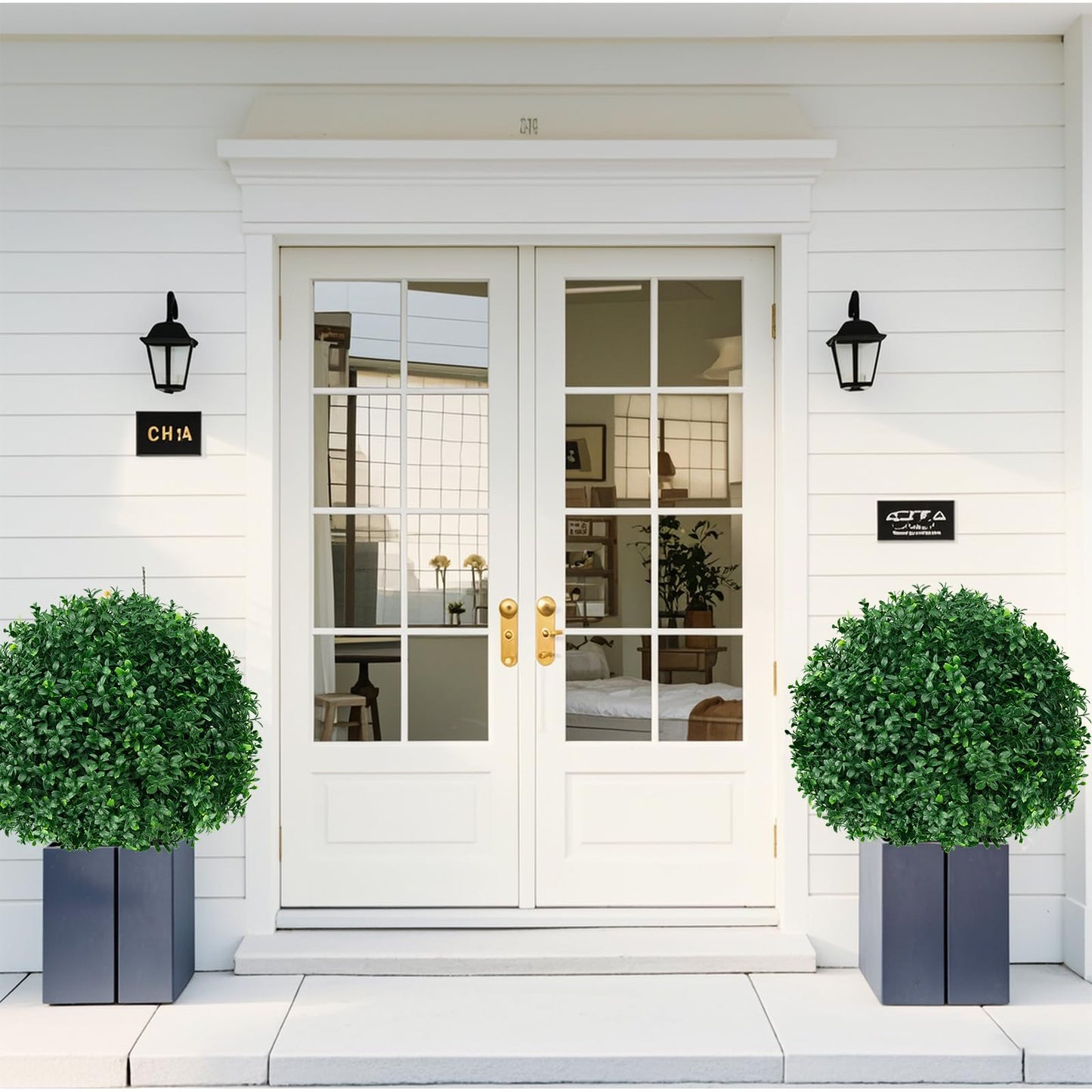 EverNature 2Pack Artificial Boxwood Topiary Ball Trees, 16'' UV Resistant Fake Evergreen Shrubs Bushes Plants with Ground Spike, Fake Plants for Outdoor Indoor Front Porch Garden