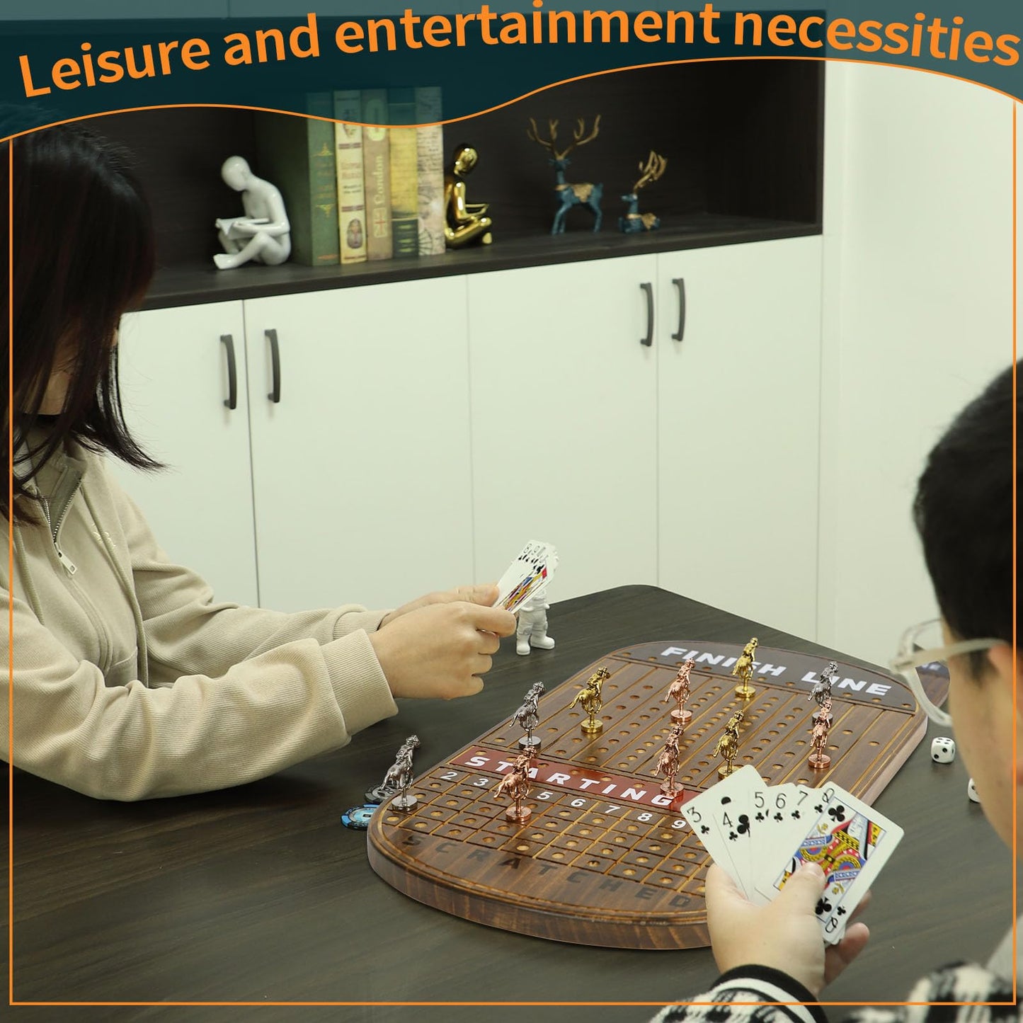 Jyquorp Horse Race Board Game Racing Game Solid Wood with 11 Luxurious Durable Classic Metal Horses with 4 Dice and 2 Boxes of Cards Finish Line Horse Racing Game (Rustic Brown)