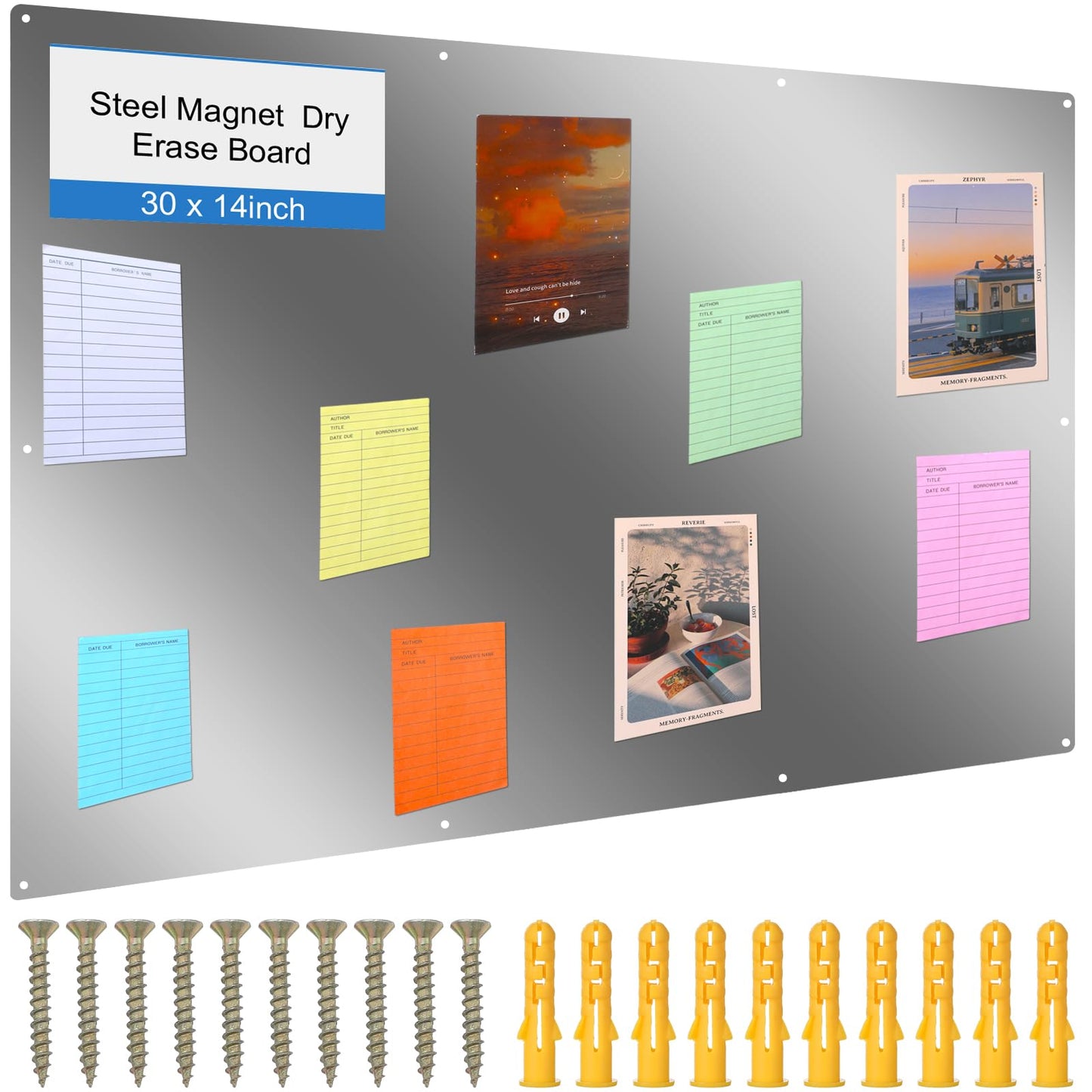 Ireer Magnetic Board Steel Magnet Bulletin Boards for Walls to Display Magnetic Notes Photos for Home Office Classroom, Pre Drilled with Screws and Dry Wet Erase Feature(Steel Color,30 x 14 Inch)
