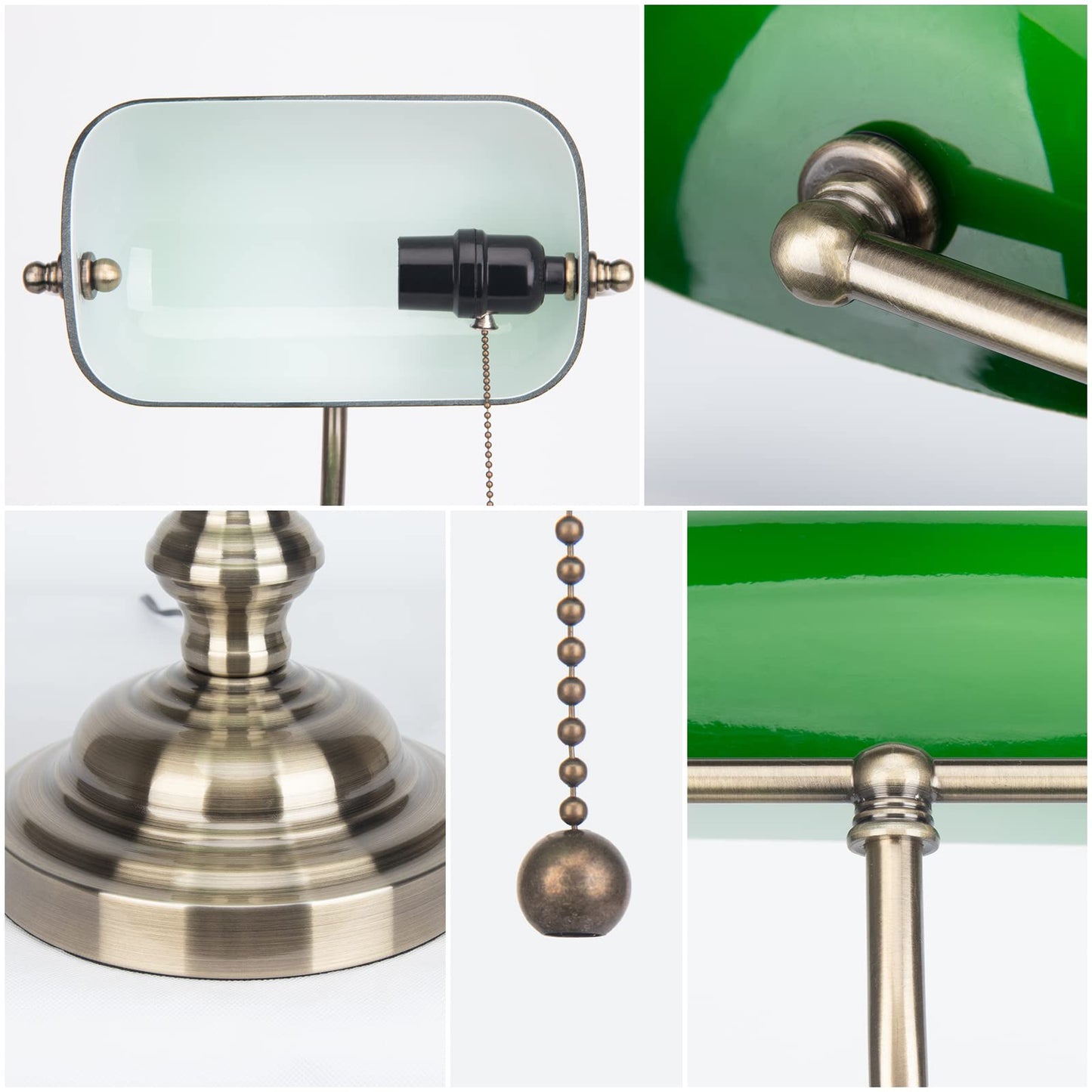 JCPYIUL Green Glass Bankers Desk Lamp,Antique Desk Lamps with Brass Base, Traditional Library Lamp with Pull Chain, E26 Base, Vintage Desk Lamp for Office, Study Room