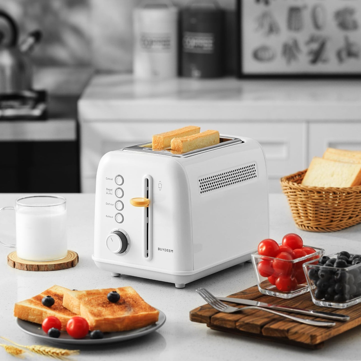BUYDEEM DT620 2-Slice Toaster, 7 Shade Settings, Extra Wide 1.5'' Slots for Bagel & English Muffin, 6 Toasting Functions, Retro Stainless Steel Toaster with High Lift Lever, Arctic White
