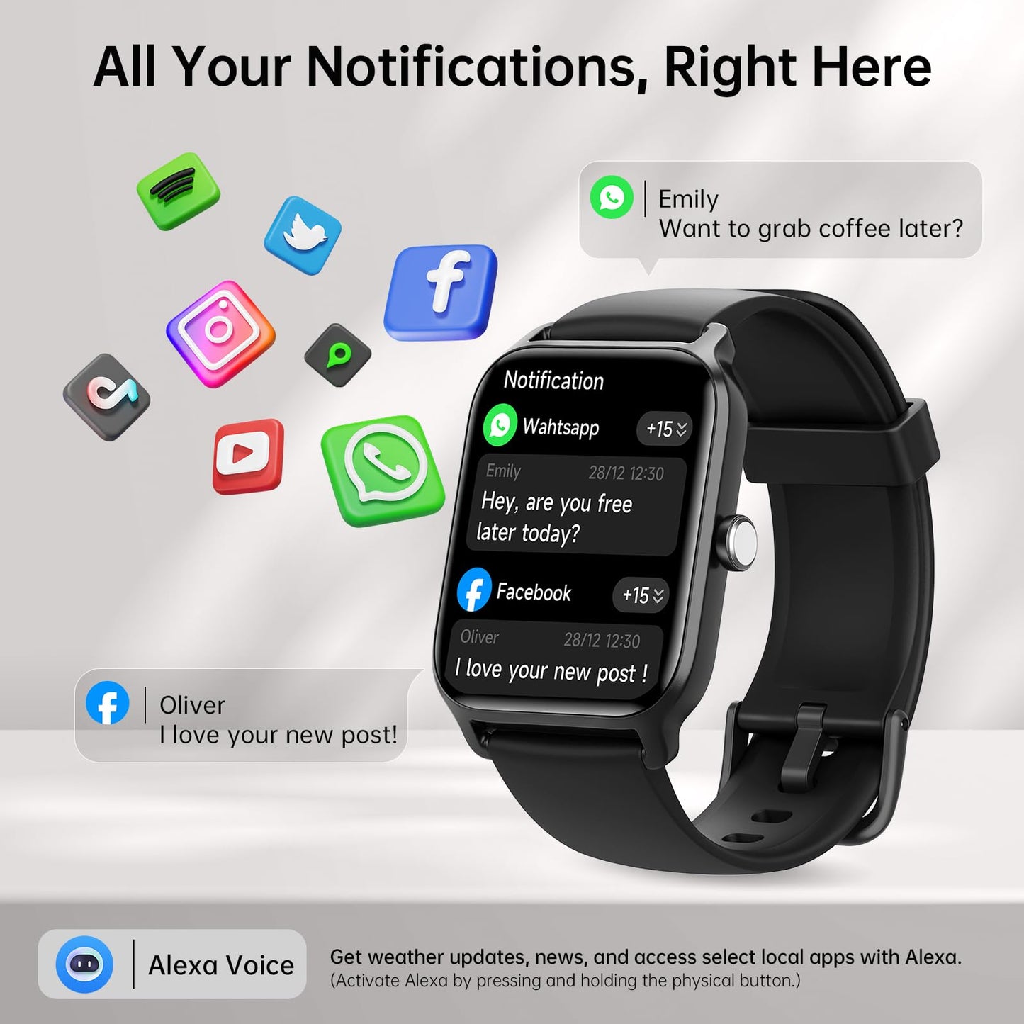 Tensky Smart Watch for Men/Women, 1.85'' HD Touchscreen Smartwatch for Android/iPhone/Samsung/(Bluetooth Call), Alexa Built-in, 100+ Sport Modes Fitness Digital Tracker, Sleep/Heart Rate/SpO2 Monitor