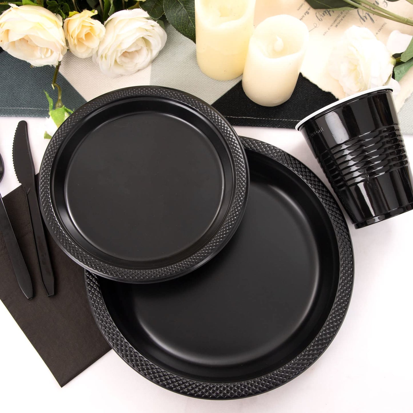 MirthMood 350PCS Black Disposable Plates, Black Party Supplies, Includes 50 Dinner Plates, 50 Salad Plates, 50 Silverware, 50 Napkins and 50 12OZ Cups.