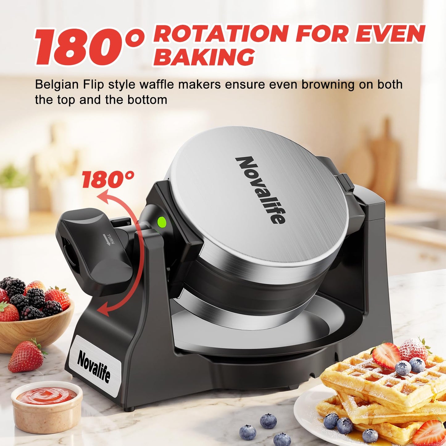 Waffle Maker, 1400W Belgian Waffle Maker, Double Waffle Iron 180° Flip, 8 Slices, Rotating & Nonstick Plates, Removable Drip Tray Easy to Clean, Locking Buckle & Cool Touch Handle, Stainless Steel