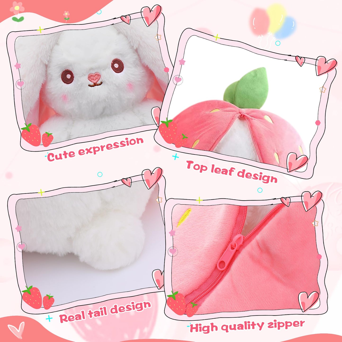 MIAODAM 13.7inch Large Easter Bunny Stuffed Animal, Kawaii Squishy Cute Easter Bunny Plush Turn Into Rabbit Fruit Doll Carrot Strawberry Pillow, Plushies Funny Bunny Toy for Baby Gifts for Girlfriend
