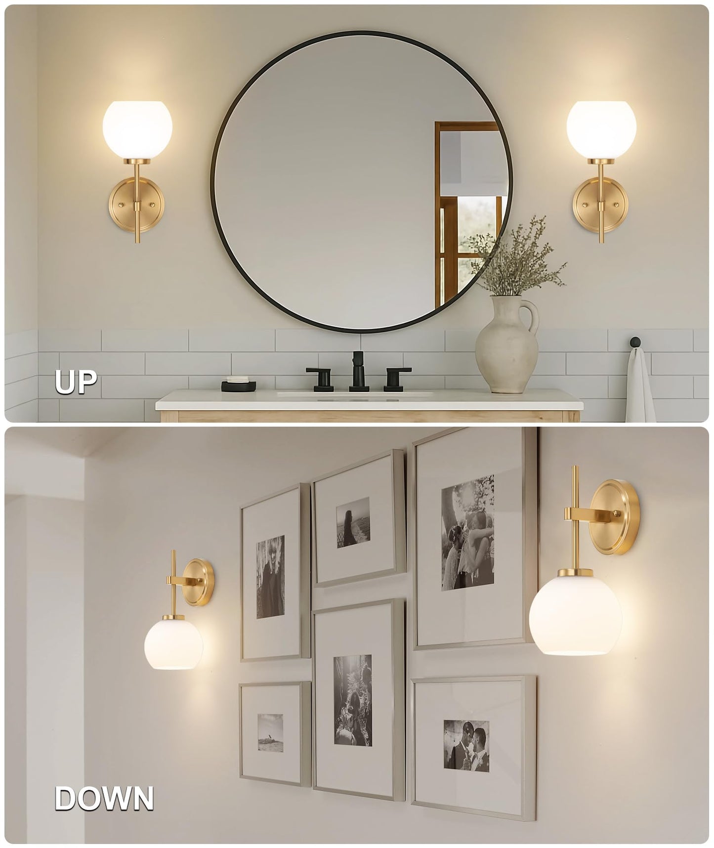 Gold Battery Operated Wall Sconce Set of 2, Wireless Rechargeable Sconces Wall Lighting with Remote Control, LED Dimmable Wall Lights with Opal White Glass Shade, 12 Colors RGB & 3 CCT Bulb