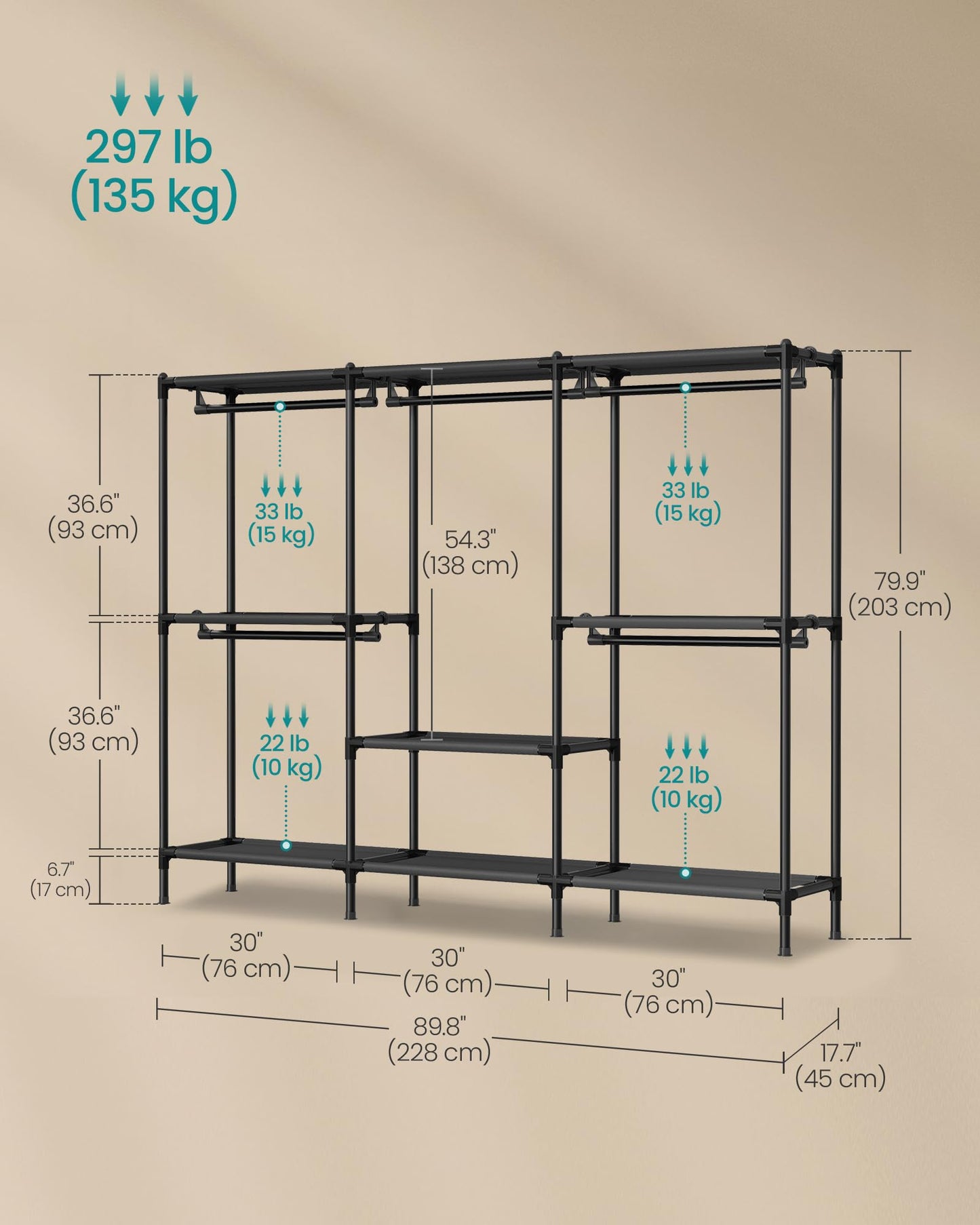 SONGMICS Clothes Rack, Portable Closet, Heavy-Duty Wardrobe Closet Organizer with Hanging Rails and Shelves, 79.9 Inches Tall, Total Load 297 lb, Easy Assembly, for Bedroom, Ink Black URDR212BZ01