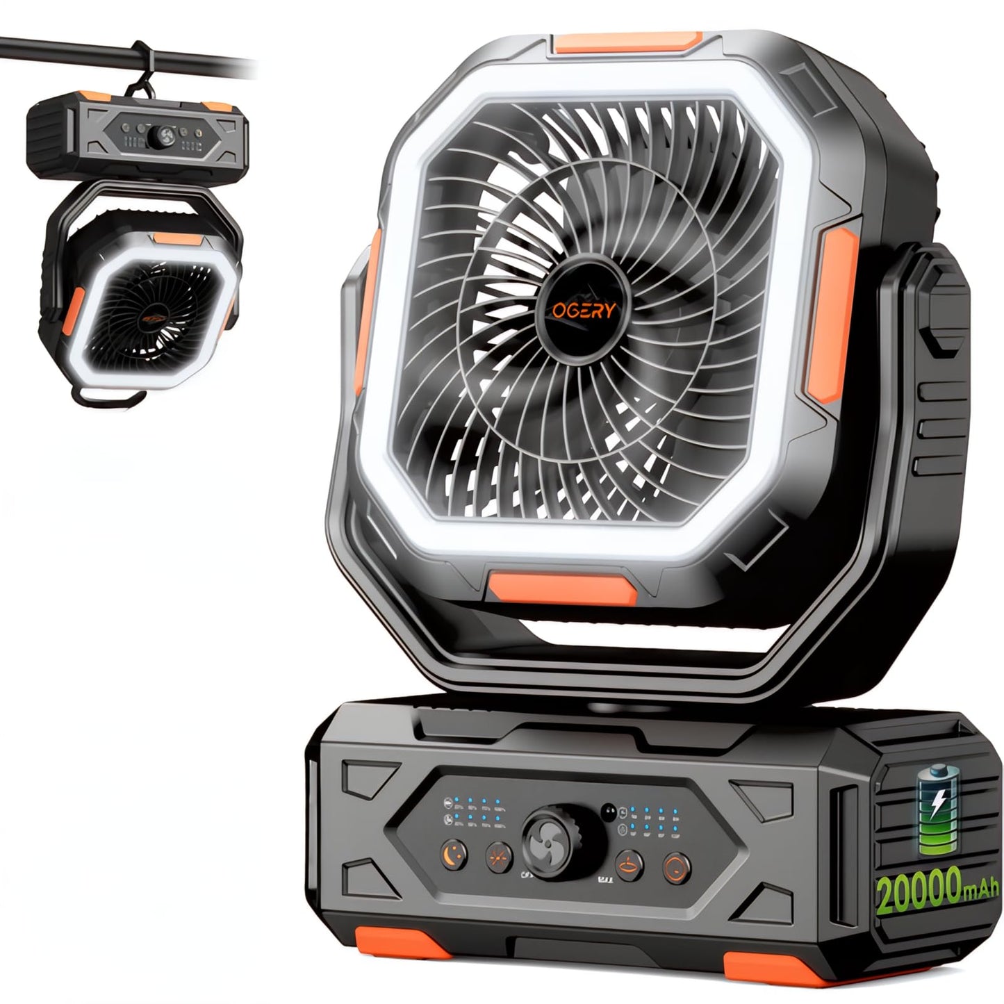OGERY Camping Fan, Portable Fan Rechargeable with 20000mAh Battery, Stepless Speed Control, Fast Charging, Remote & LED Lantern for Tent, Travel, Car Camping, Camping Essentials