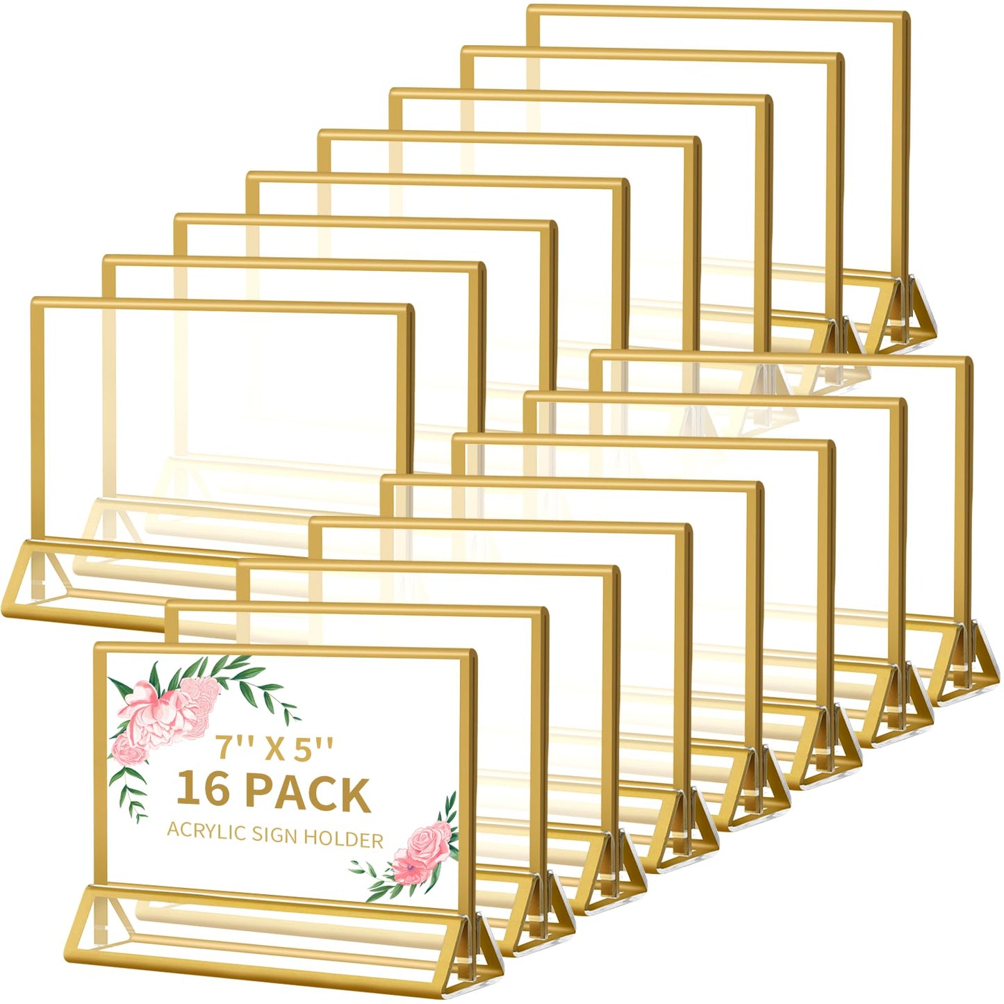 Smarpau 7x5 Gold Acrylic Sign Holder 16 Pack Gold Acrylic Number Holder Sign stands Horizontal Clear Picture Frames for Holding Signage Table Numbers Flyer Art Display