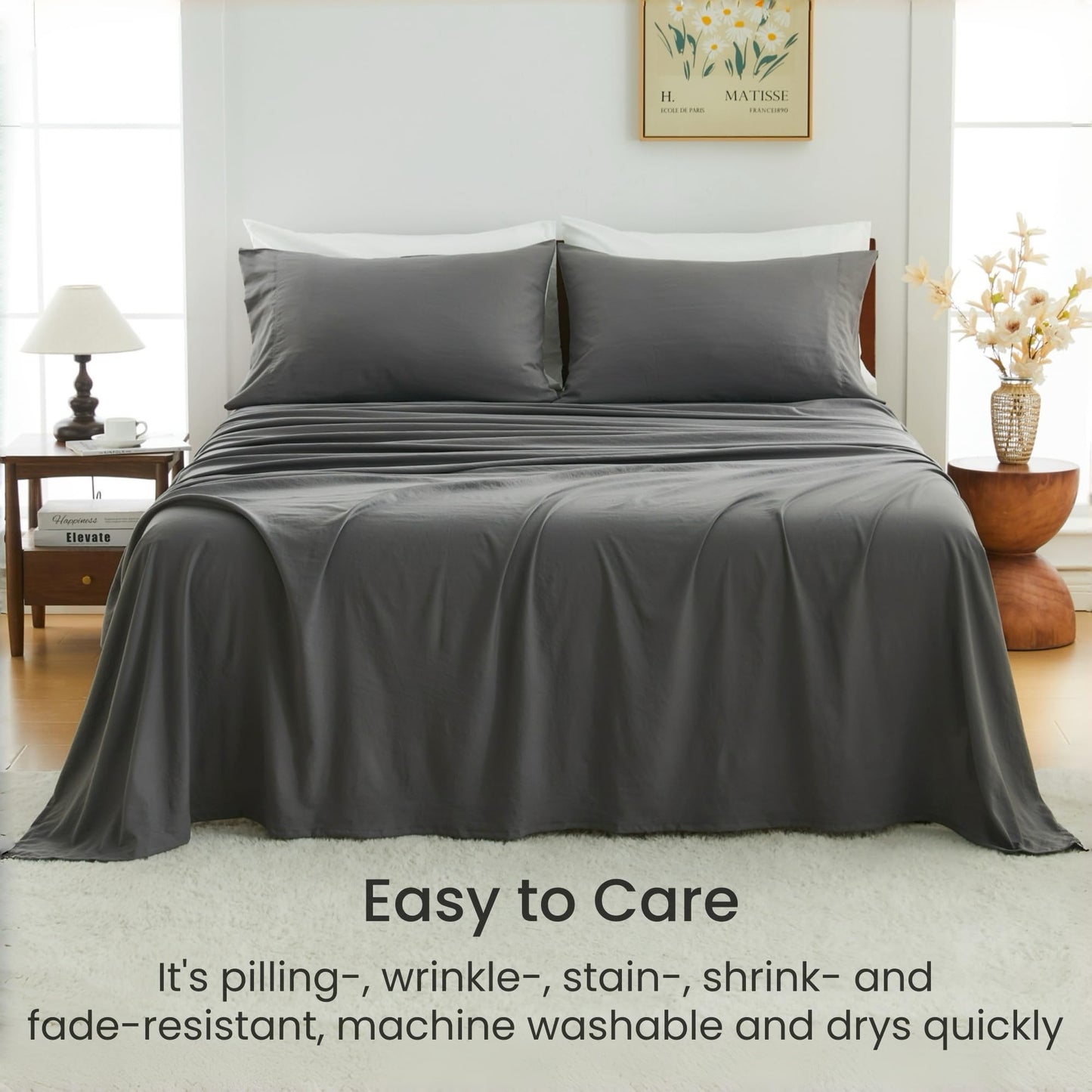 GOKOTTA 4-Pcs Queen Sheet Set, 16 Inch Deep Pocket Queen Sheets with Elastic Corner Straps, Brushed Microfiber Polyester - Hotel Luxury, Ultra Soft, Breathable, Anti-Rip, Wrinkle-Free - Dark Grey