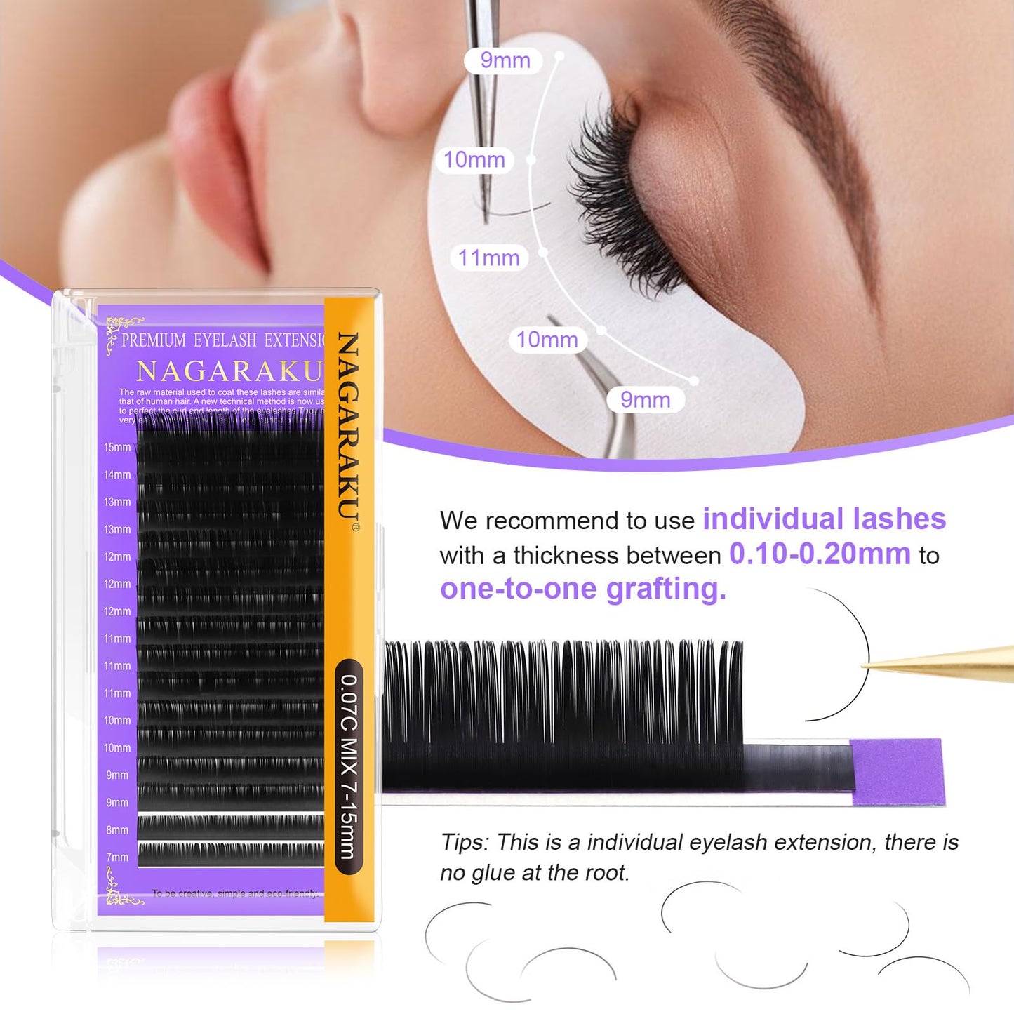 NAGARAKU 5 Trays Eyelash Extensions 0.03mm D 11/12/13/14/15mm in 1 pack Classic Individual Lashes Soft Natural Professional Faux Mink 16 rows