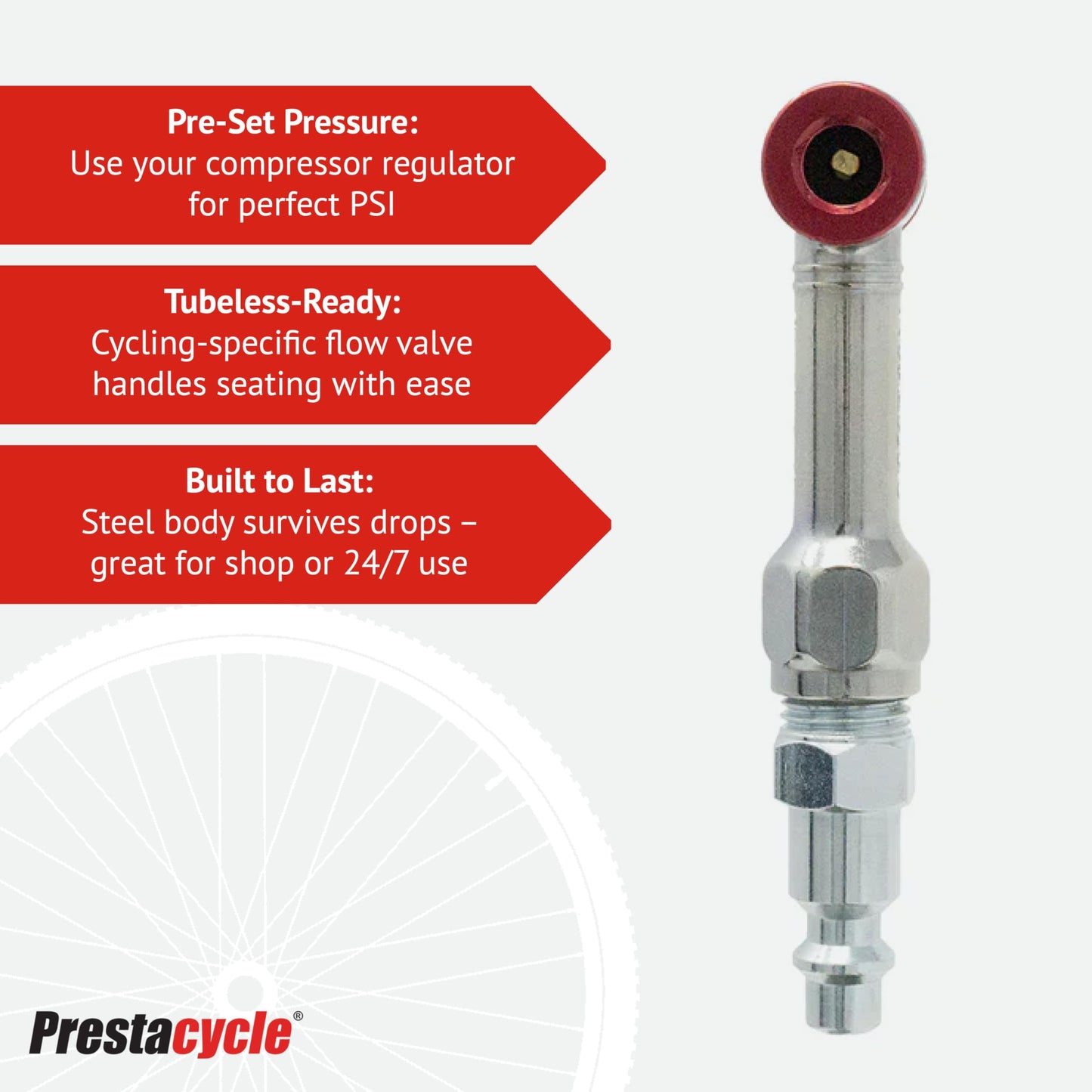 Prestacycle Prestaflator Mini Pro, Bike Tire Inflator Head, Bicycle Air Pump Valve Presta Push-to-Inflate Tool for Air Compressor Lines, Bike Tools & Maintenance, Mini Pro Inflation Tool