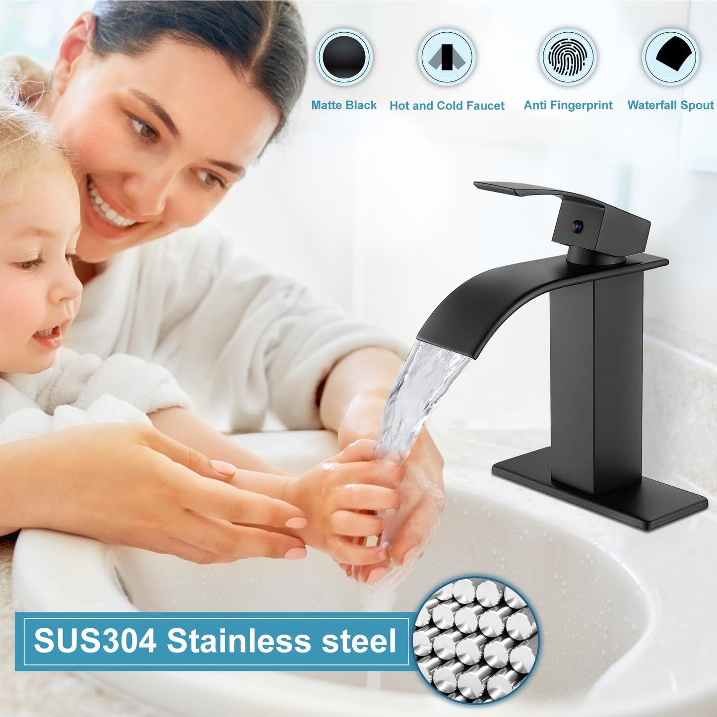 Midanya Matte Black Bathroom Sink Faucet Waterfall Spout Single Handle 1 Hole Deck Mount Mixer Tap Lavatory Vanity Sink Faucet Commercial with Deck Plate and Pop Up Drain