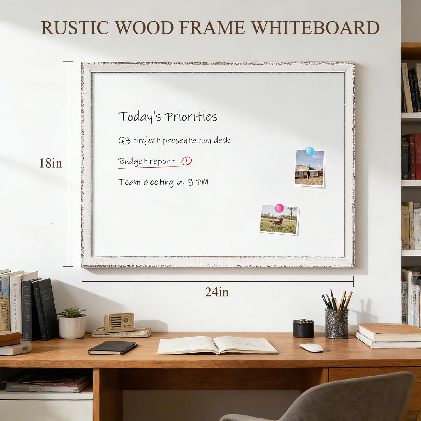 QUEENLINK White Board for Wall, 24" x 18" Magnetic Dry Erase Board, Rustic Wooden Frame Decorative Whiteboard, Wall Mounted, Distressed Whitewash, Aesthetic Writing Board for Home, Office, School