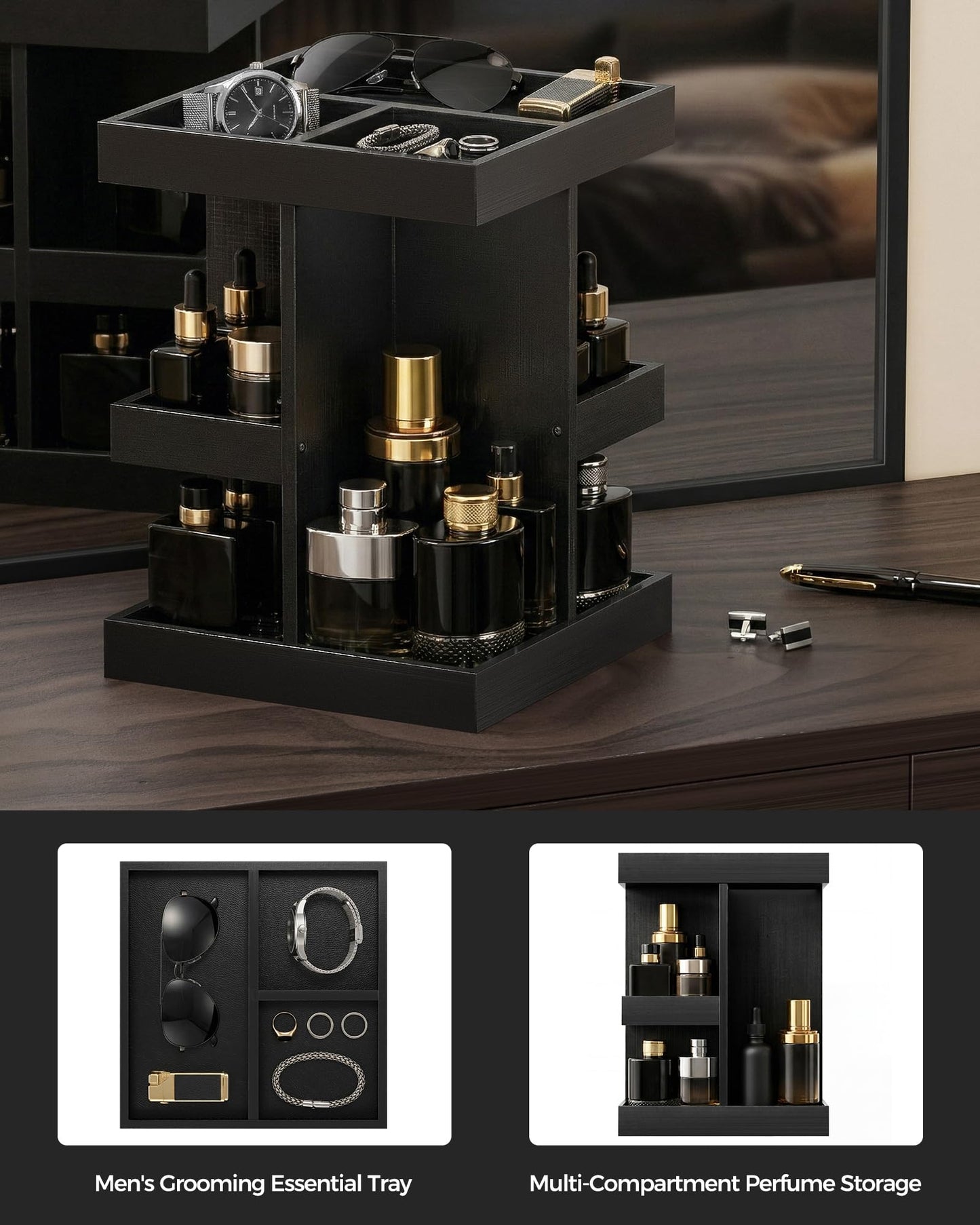 ProCase 3-Tier 360° Rotating Cologne Organizer for men, Large Capacity Wooden Countertop Display Rack for Bathroom & Dresser, Space-Saving Vanity Tray for Perfume & Skincare, Gifts for Him (Black)
