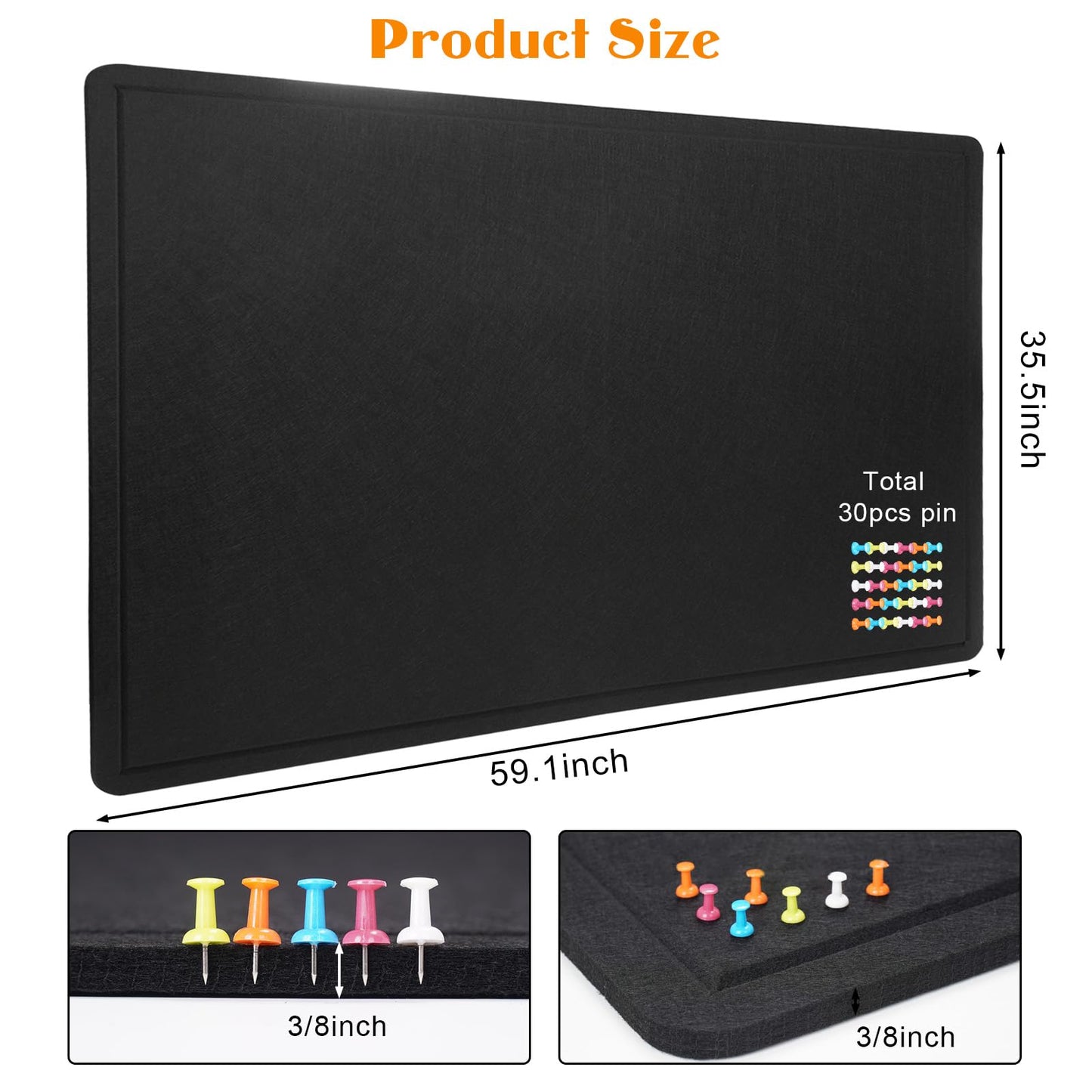 Large Bulletin Board - 60 X 36 inches Cork Board with 30 Pushpin, 5' x 3' Cork Board for Walls Pin Board, Self-Adhesive Felt Board Vision Board Foldable Photo Board for Wall - Black