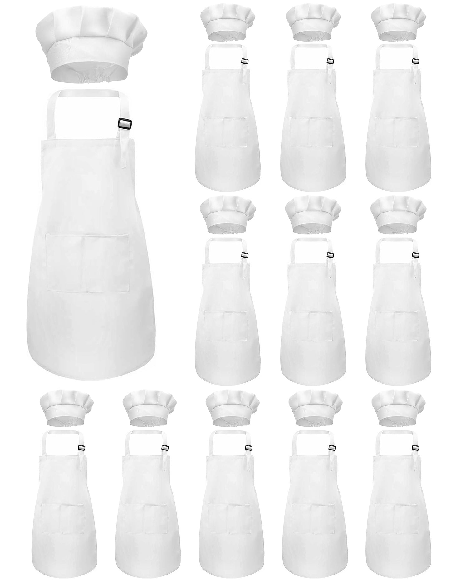 IAGBIBUI Kids Apron and Chef Hat Set, 24 Pieces Boys Girls Kids Apron with 2 Pockets Adjustable for Cooking Classroom Baking Painting, 6-13 Years, White